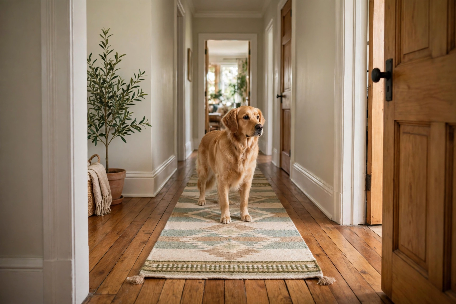 A washable runner rug over a hardwood floor hallway with a dog standing on it