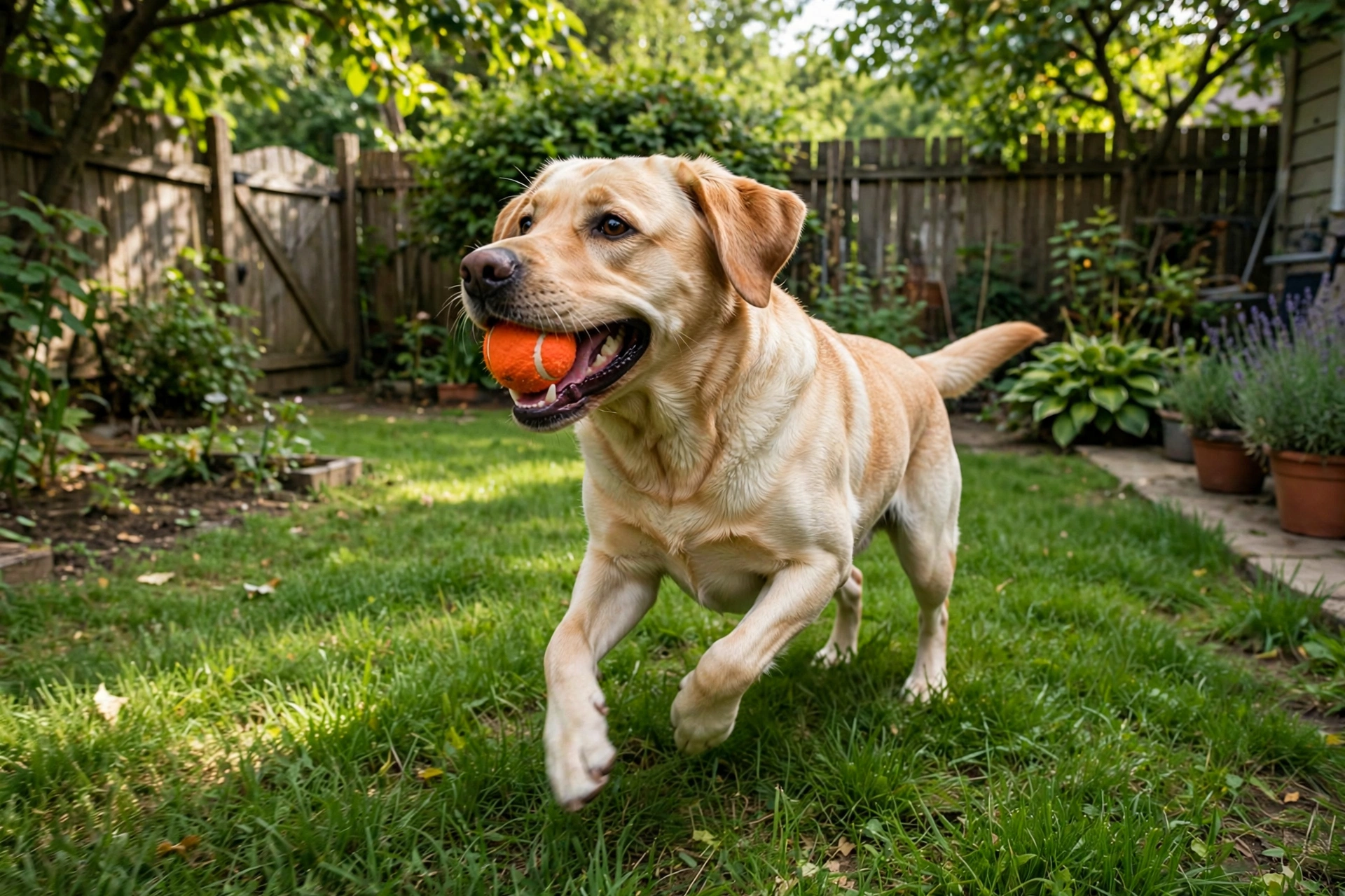 Dog playing fetch in the yard to burn energy