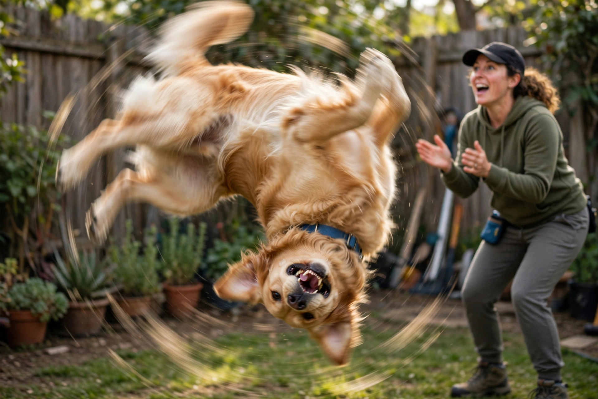 Dog completing a full spin on the verbal cue during trick training