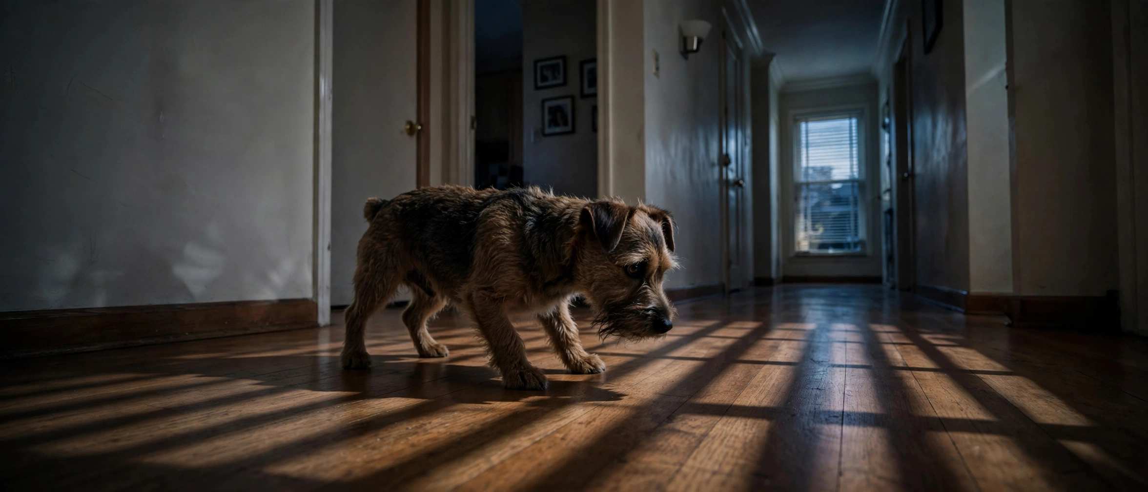 Anxious terrier staring at shadows in a dim hallway