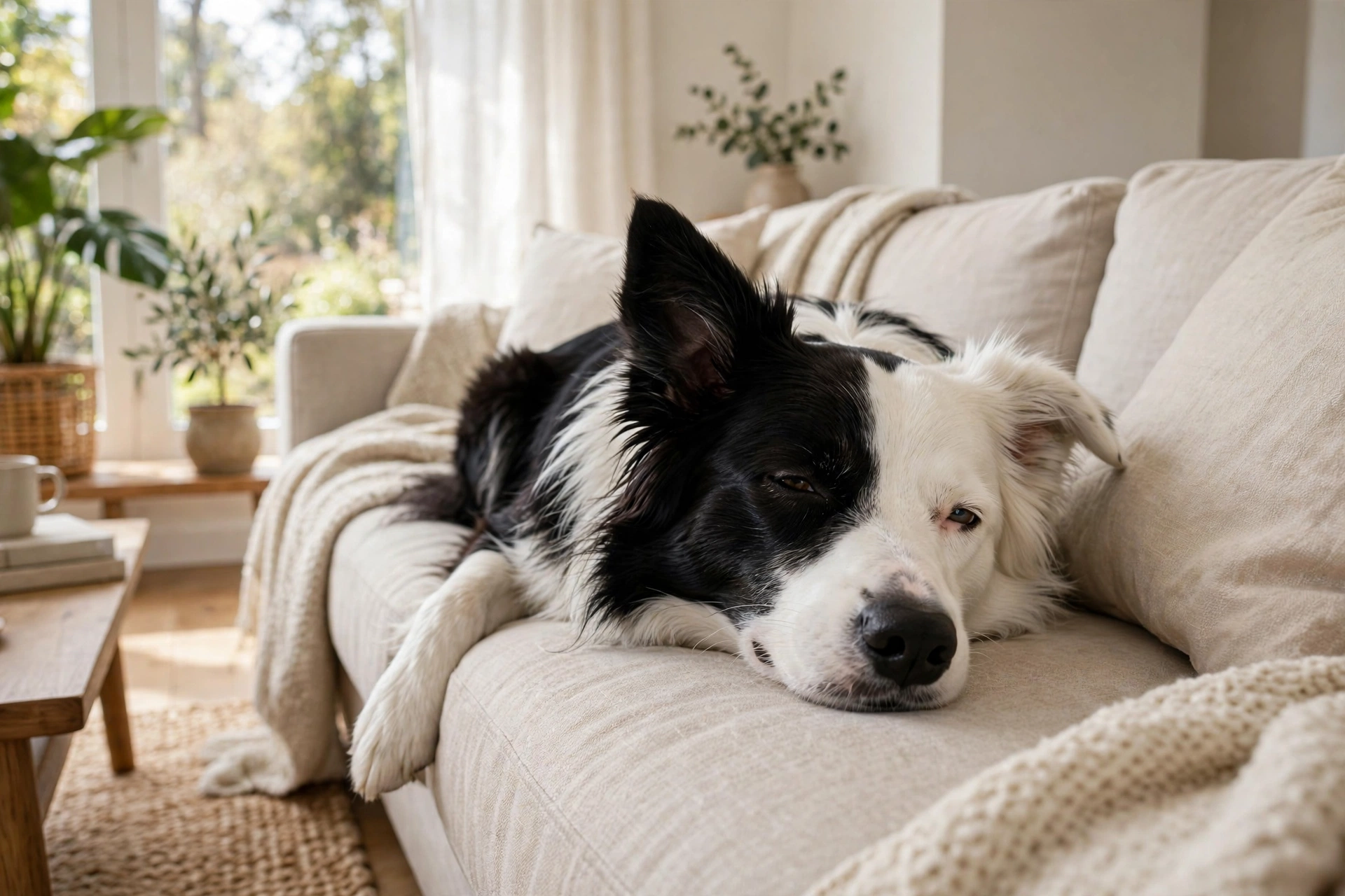 Dog dozing on couch in light sleep with one eye half open and ear perked