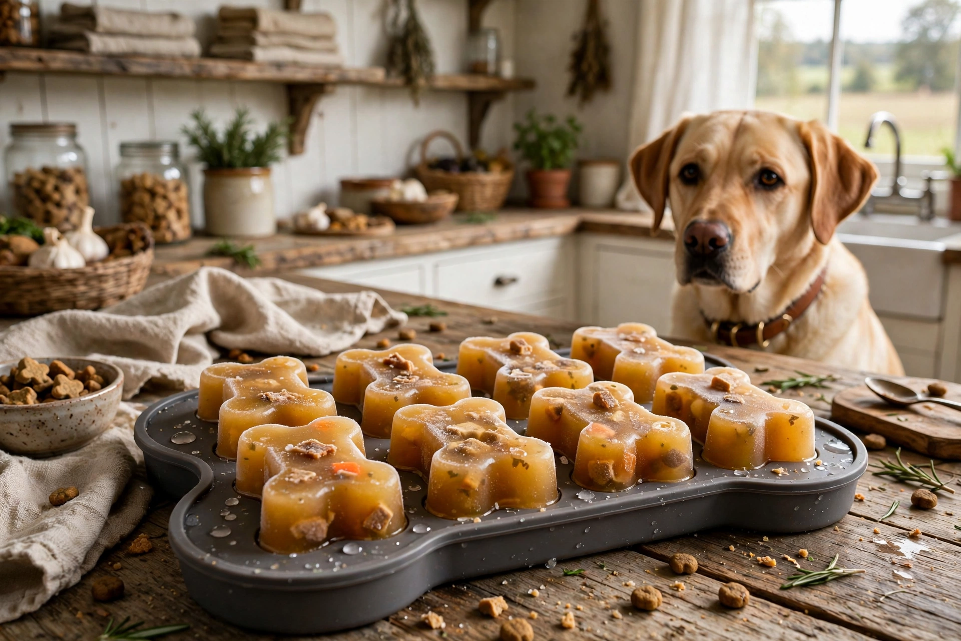 Chicken broth dog pupsicle bites in a bone-shaped ice cube tray