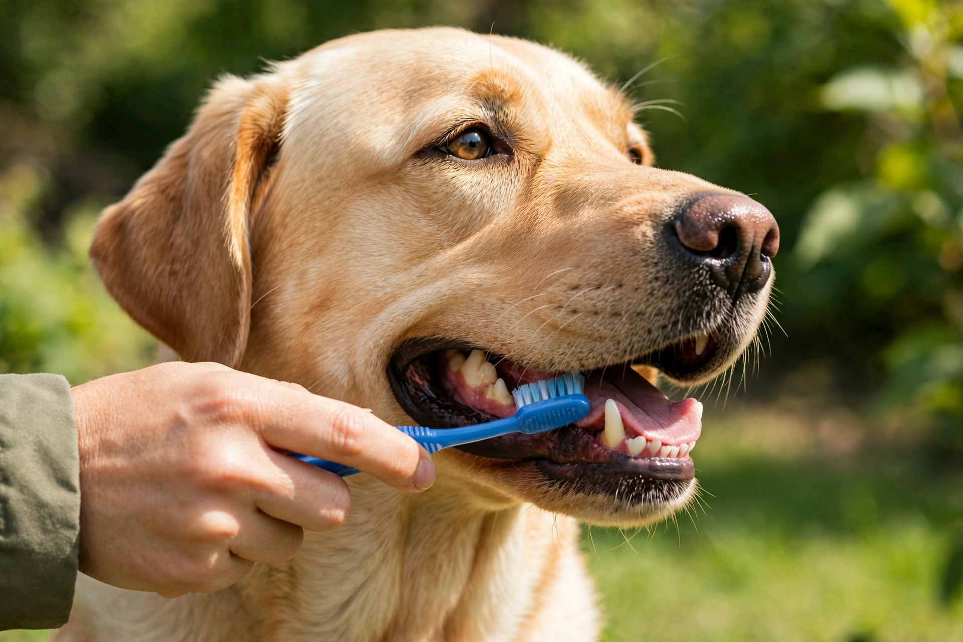 Owner brushing a labrador's teeth for good dental hygiene