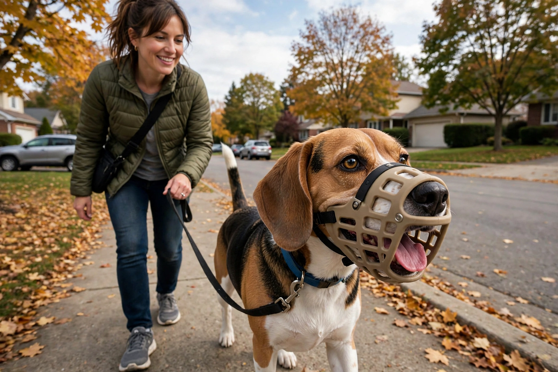 Dog wearing a humane basket muzzle on a walk