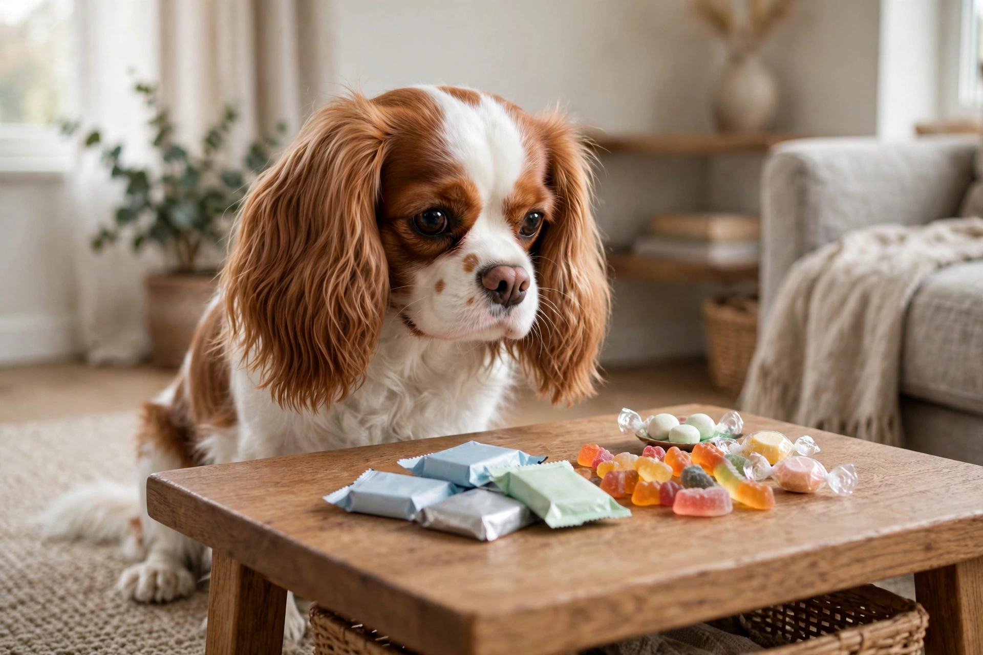 Cavalier King Charles Spaniel near sugar-free gum and candy