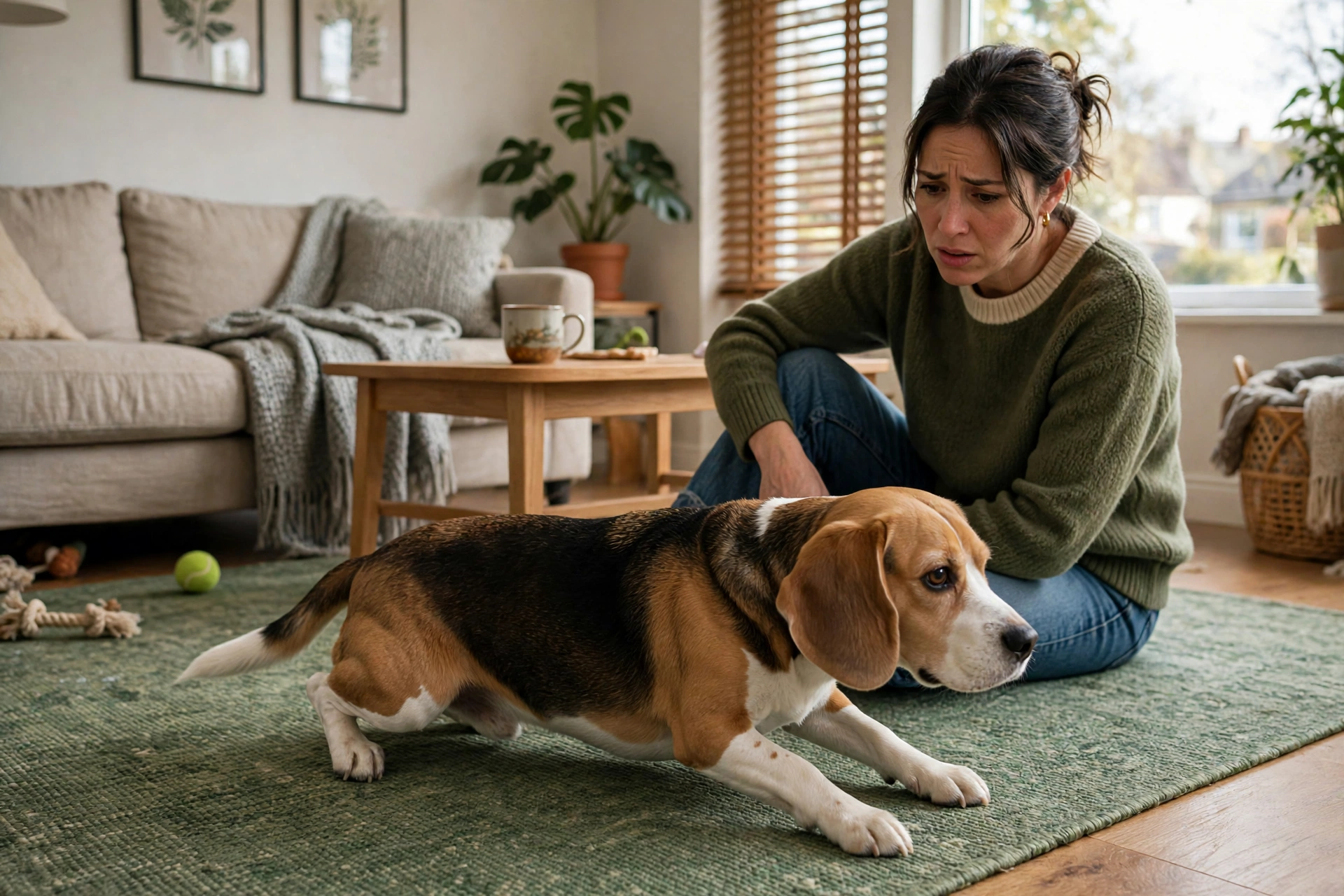 Dog scooting its rear on a rug, a sign of anal gland discomfort