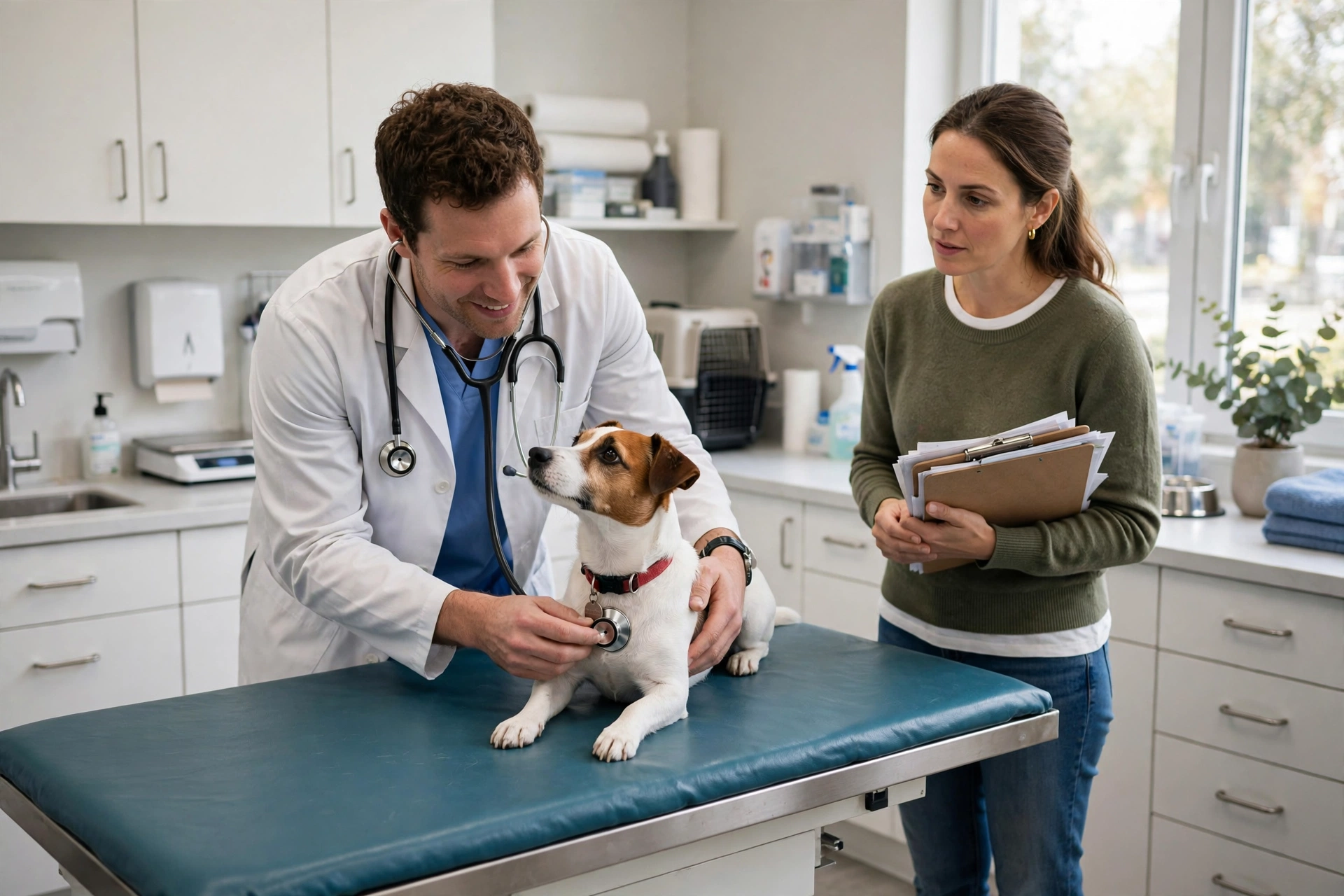 Small dog at the veterinarian's office for a pre-flight health check