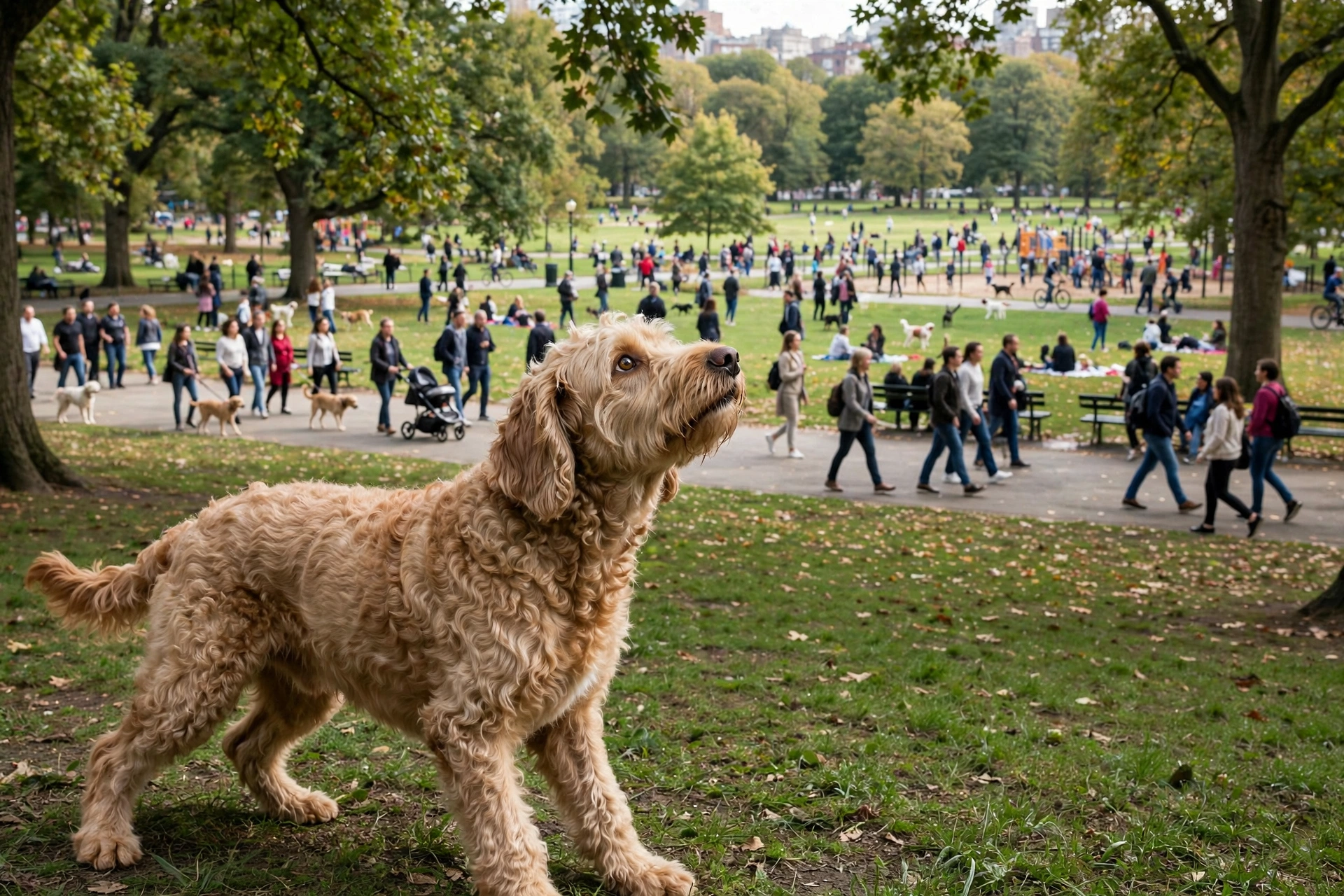 Golden doodle sniffing the air with ears slightly back in a park