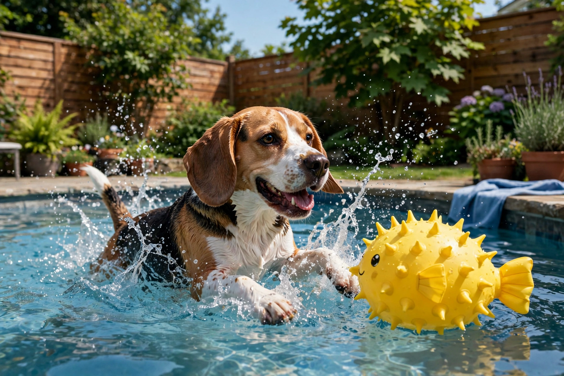 Beagle playing in a pool with a bright yellow floating puffer fish dog toy