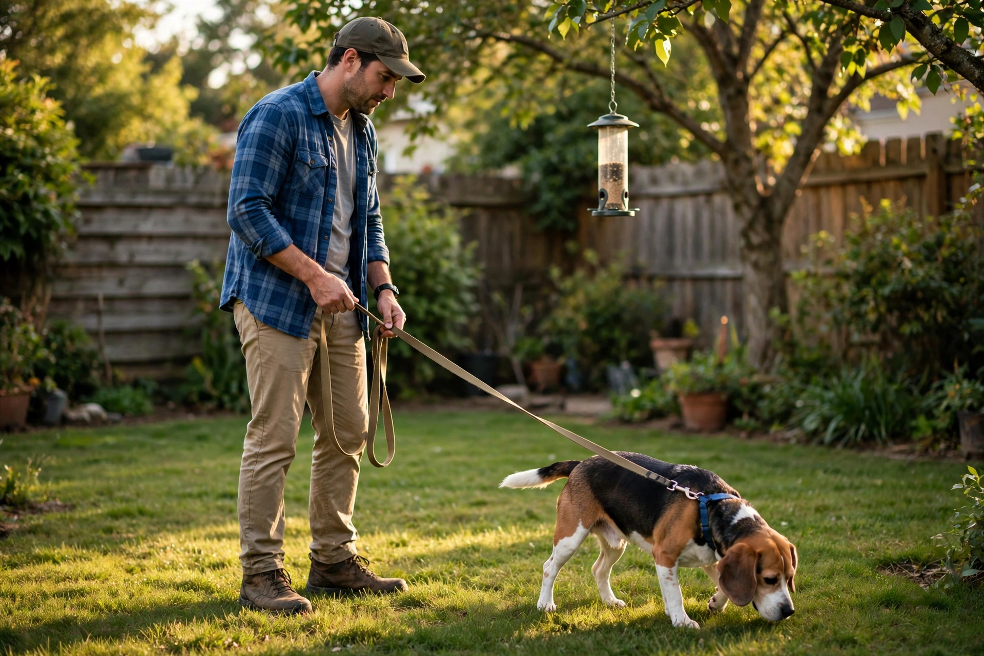Man supervising a beagle on a long leash in the backyard