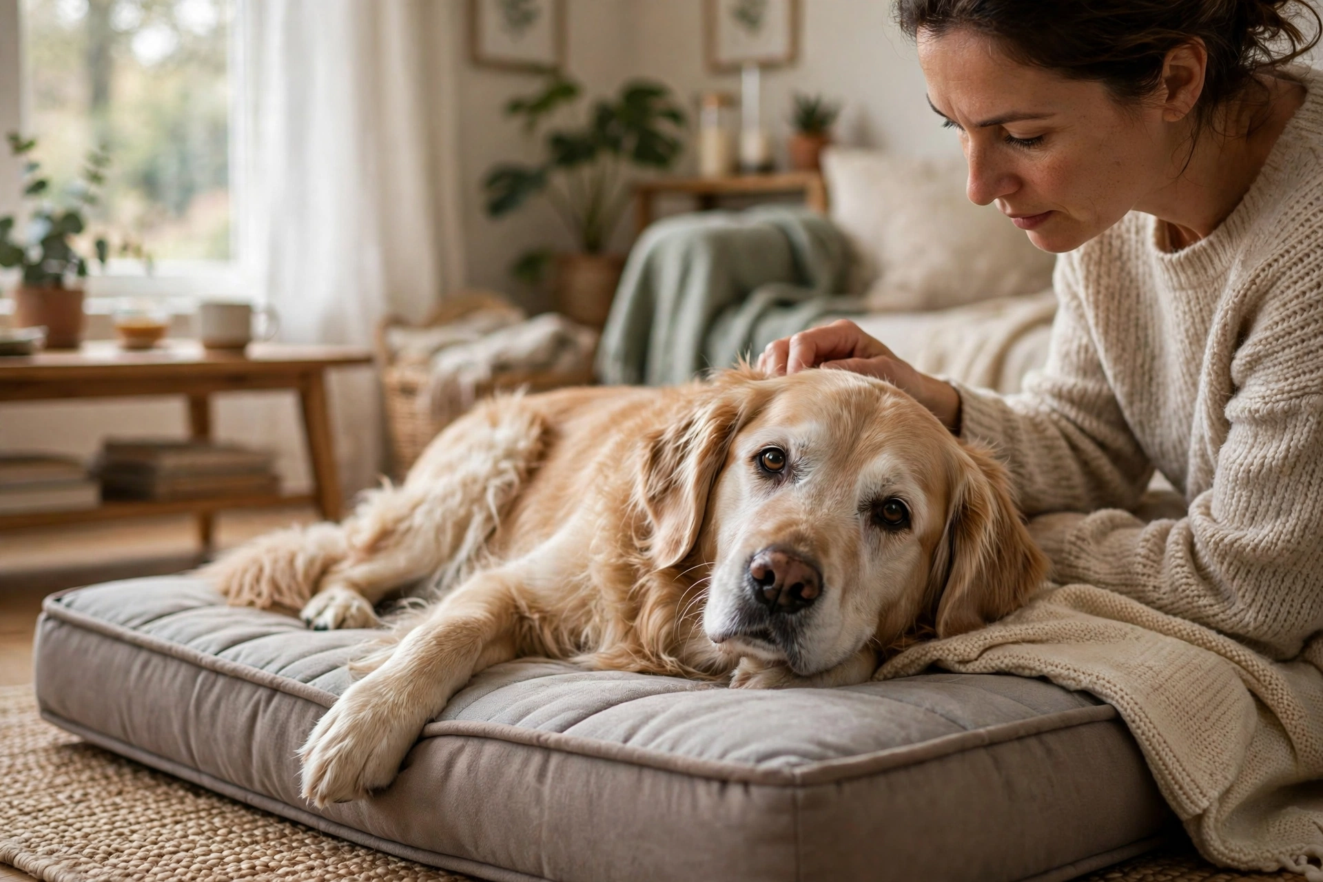 Senior golden retriever with a head tilt resting on an orthopedic dog bed