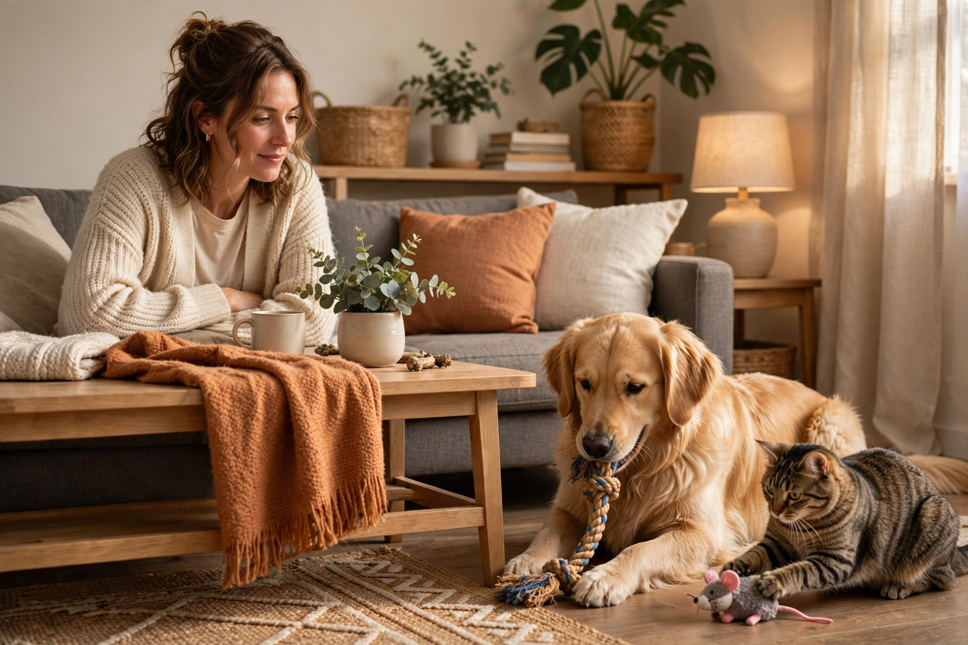 Owner supervising a dog and cat playing with their own toys in the living room