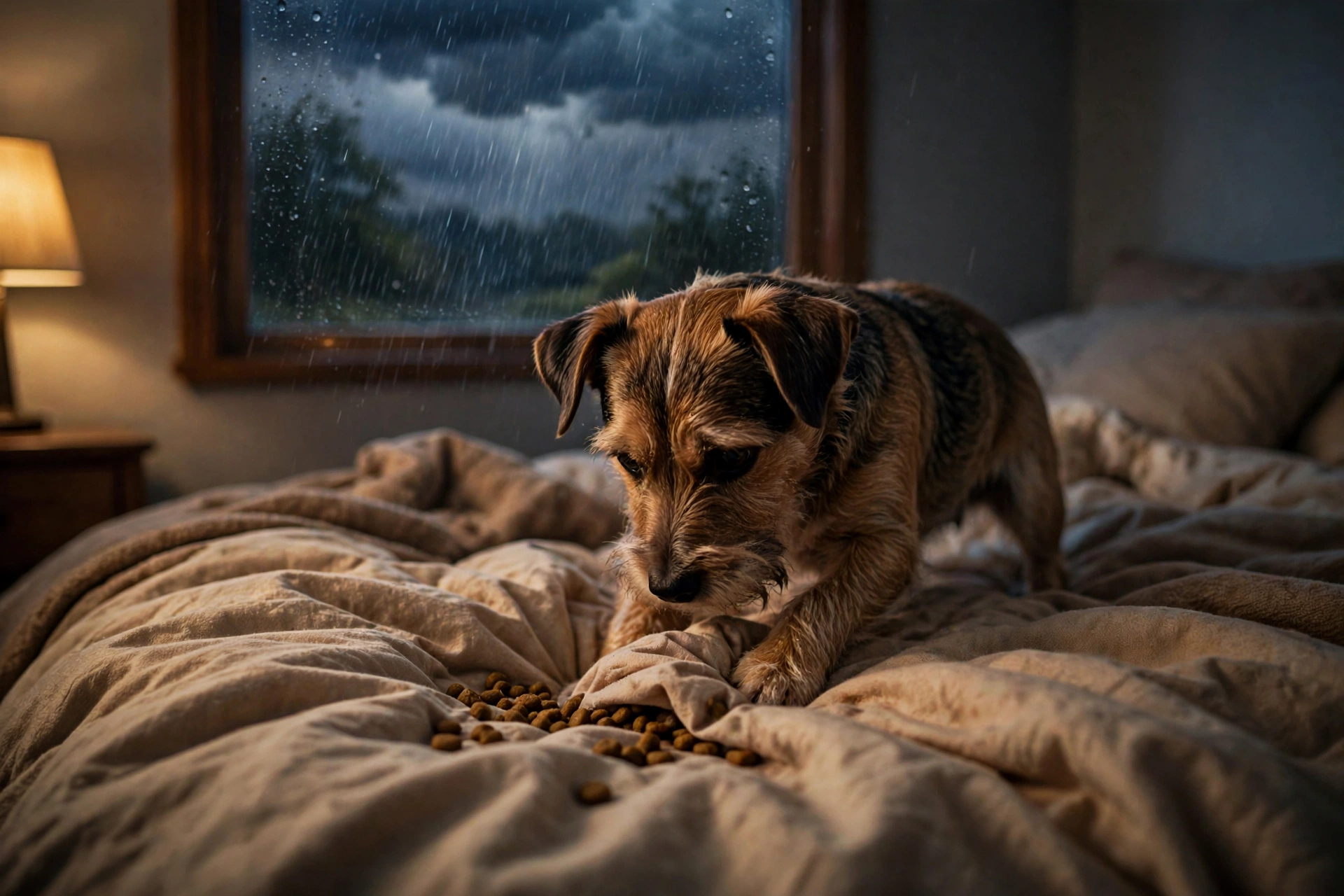 Anxious terrier burying kibble in bed blankets during a storm