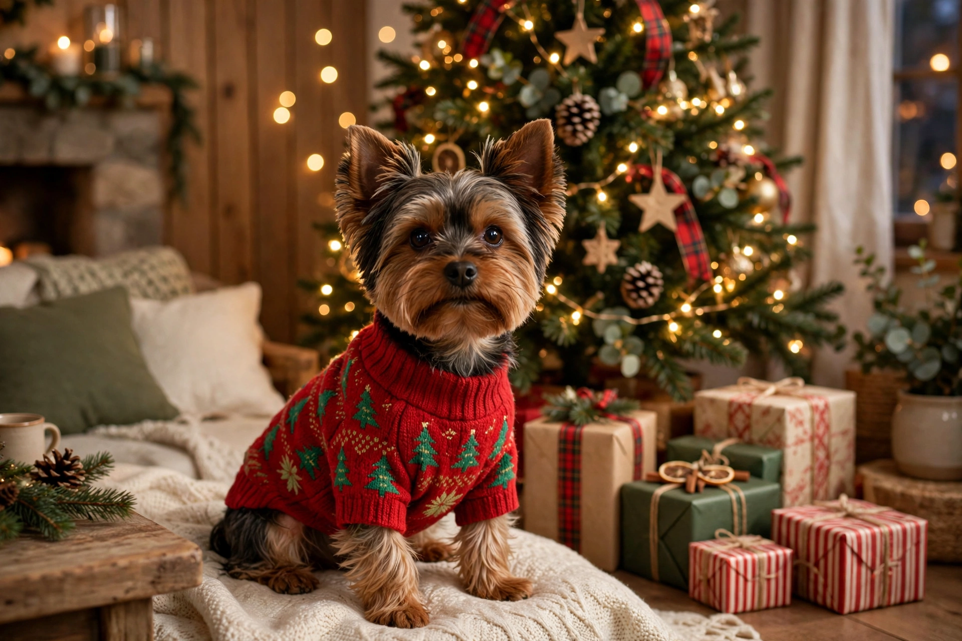 Yorkshire terrier in a red Fitwarm Christmas tree knit dog sweater
