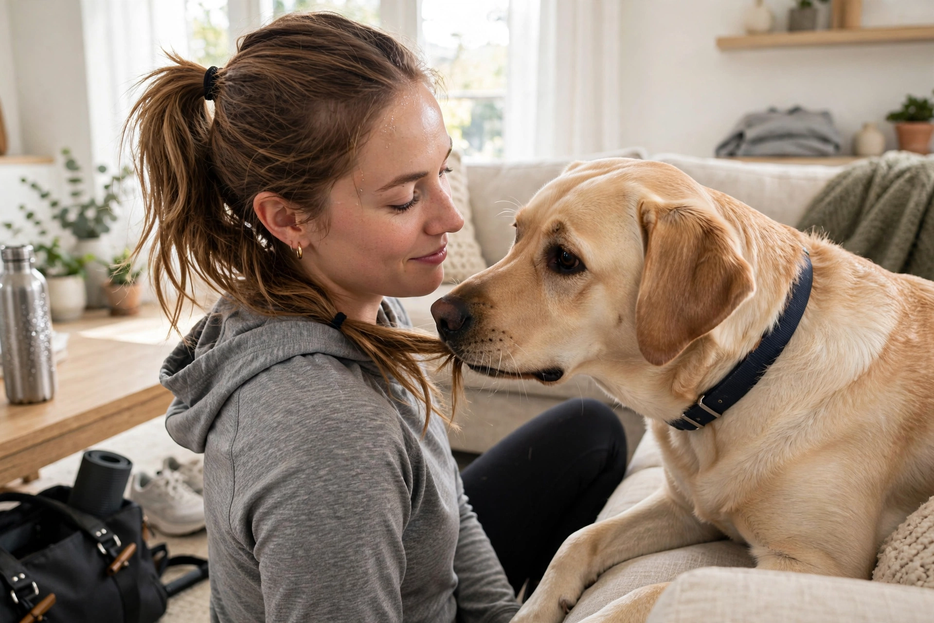 Labrador gently chewing its owner's hair attracted to her scent