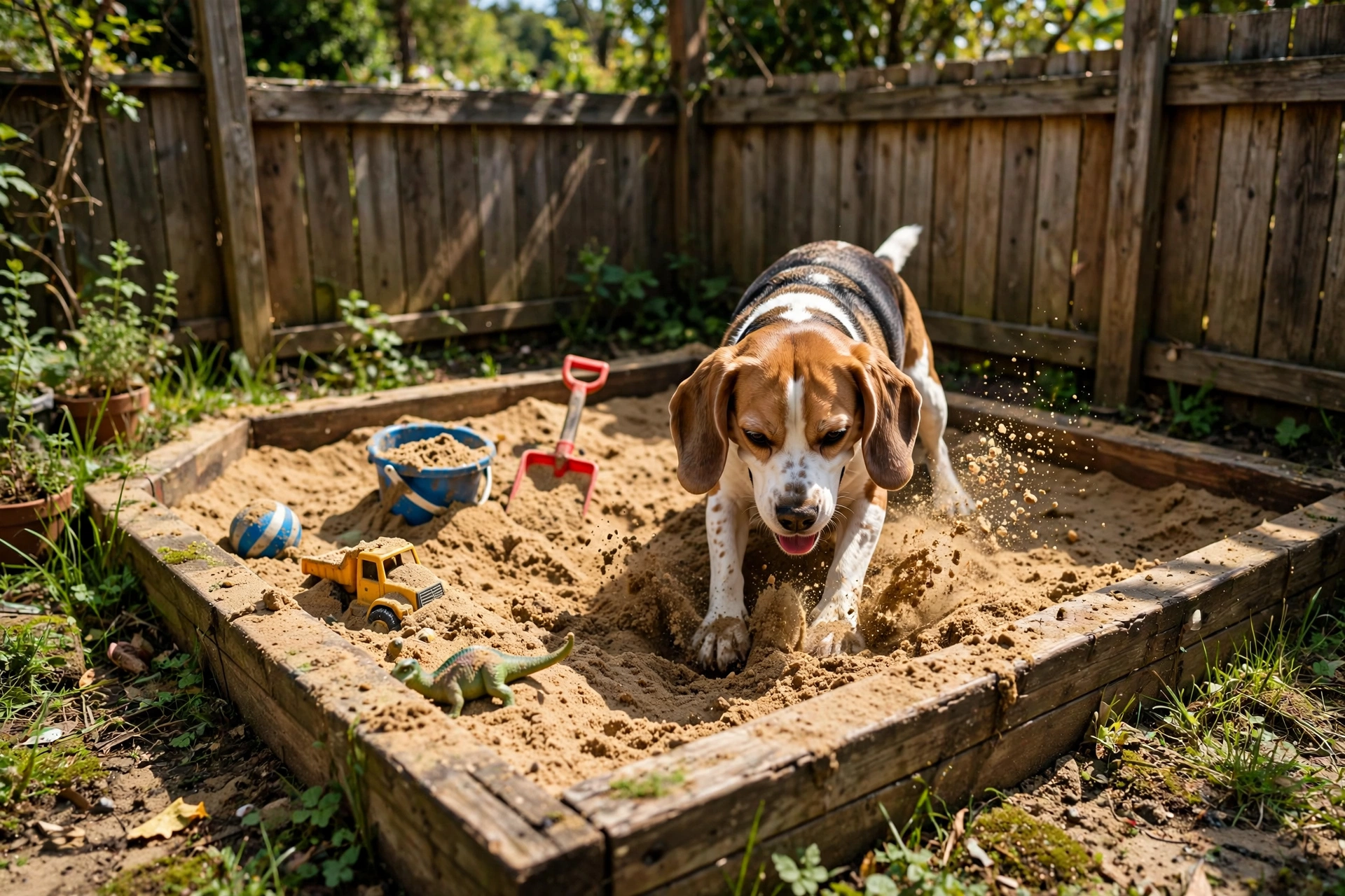 Beagle digging happily in a backyard sandbox digging pit