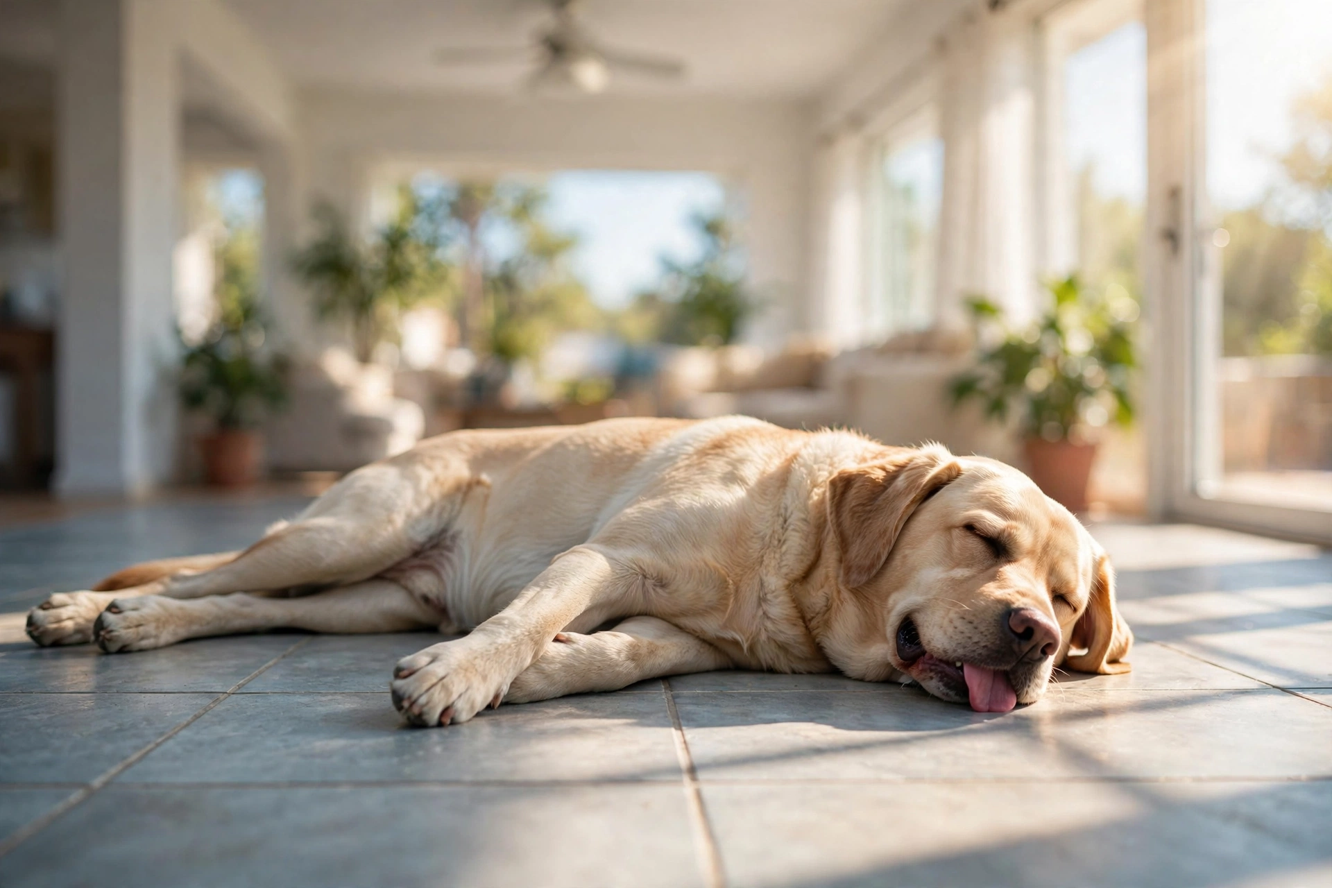 Labrador sleeping stretched out on cool tile floor with tongue out on a warm day
