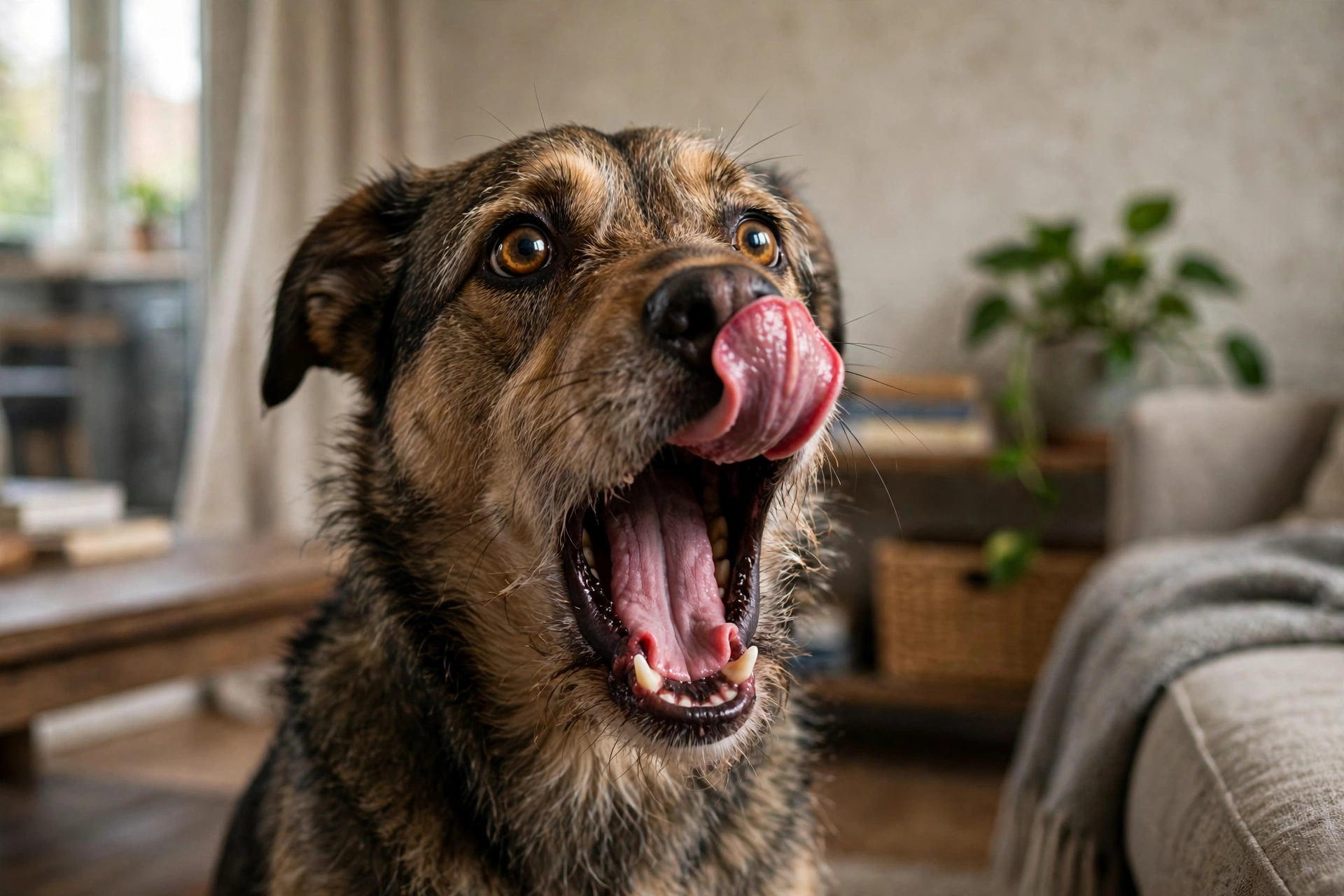 Anxious dog licking its lips and yawning