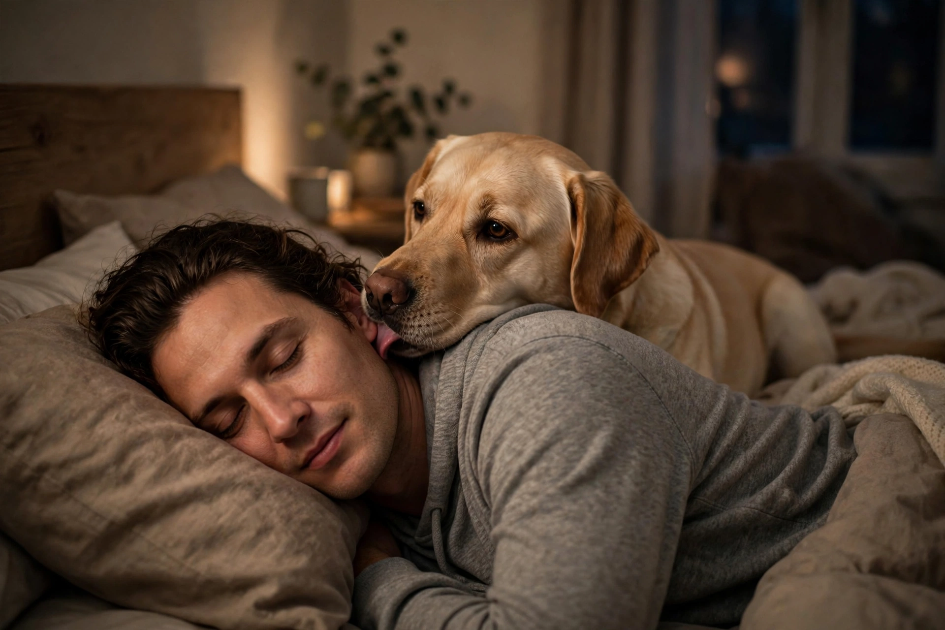 Labrador resting on its owner's shoulder and licking their ear at bedtime