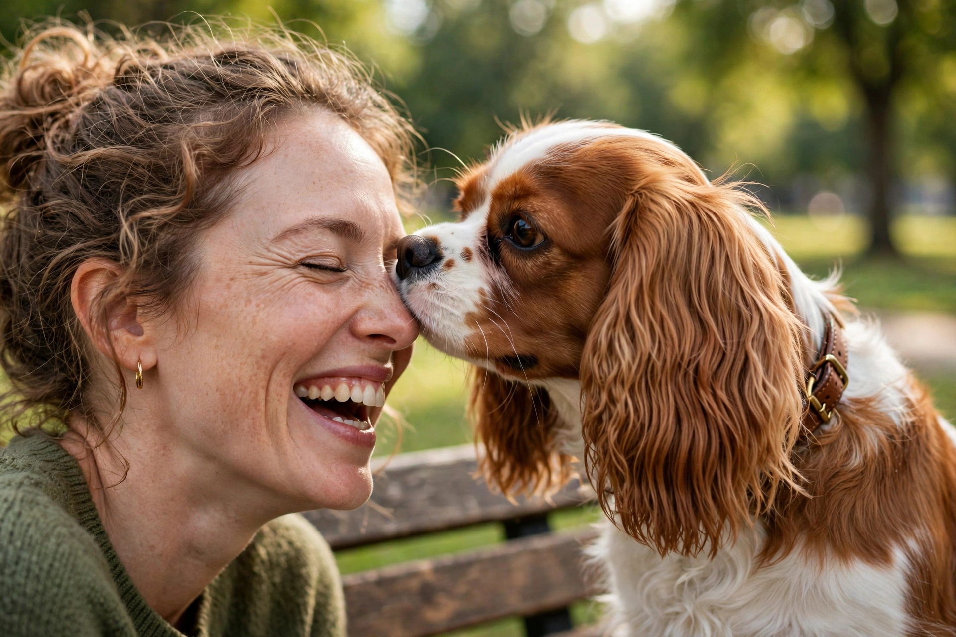 Cavalier King Charles Spaniel affectionately sniffing its owner's eyes on a park bench