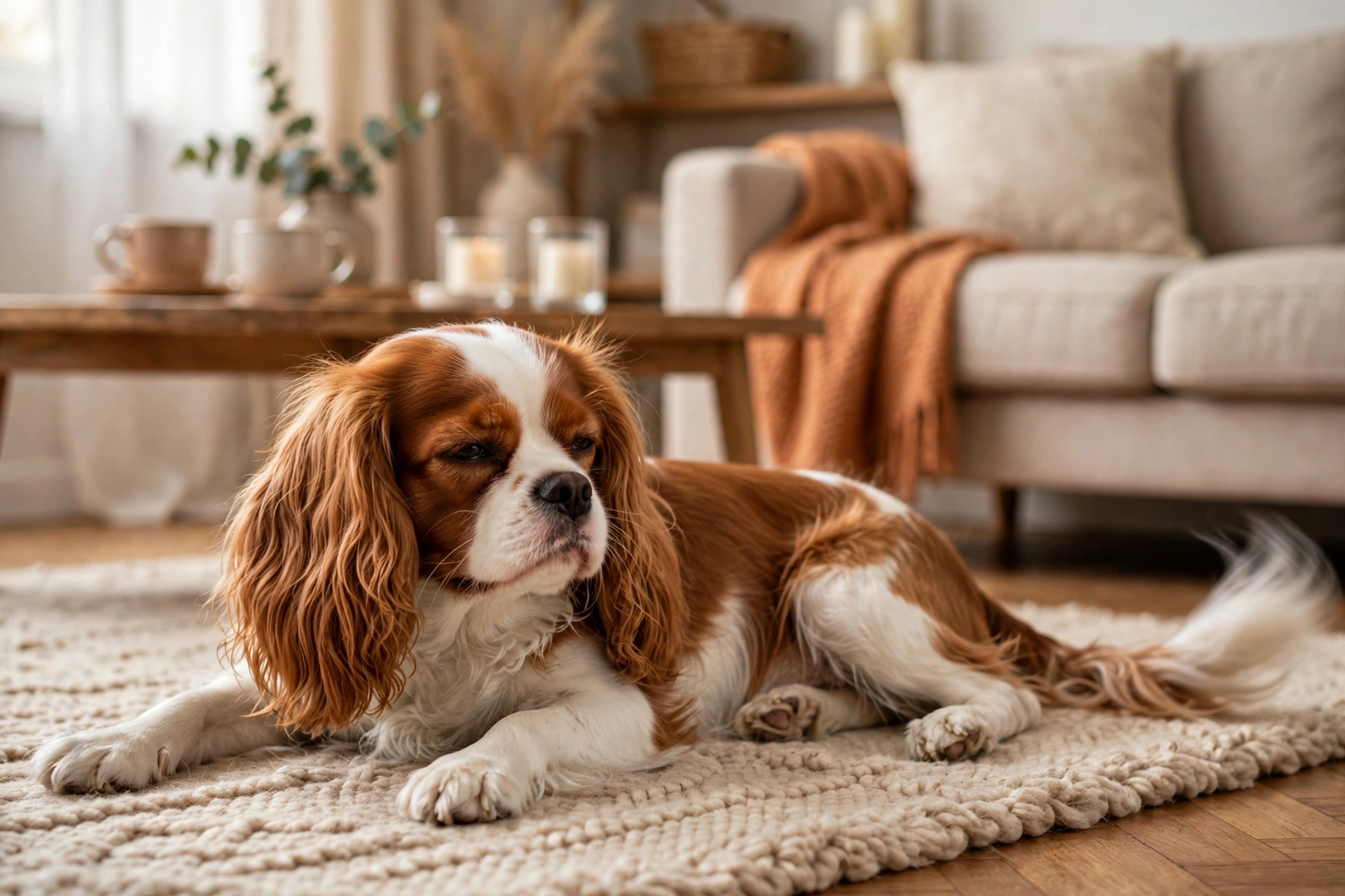 Calm dog with a slow gentle tail wag resting on a rug