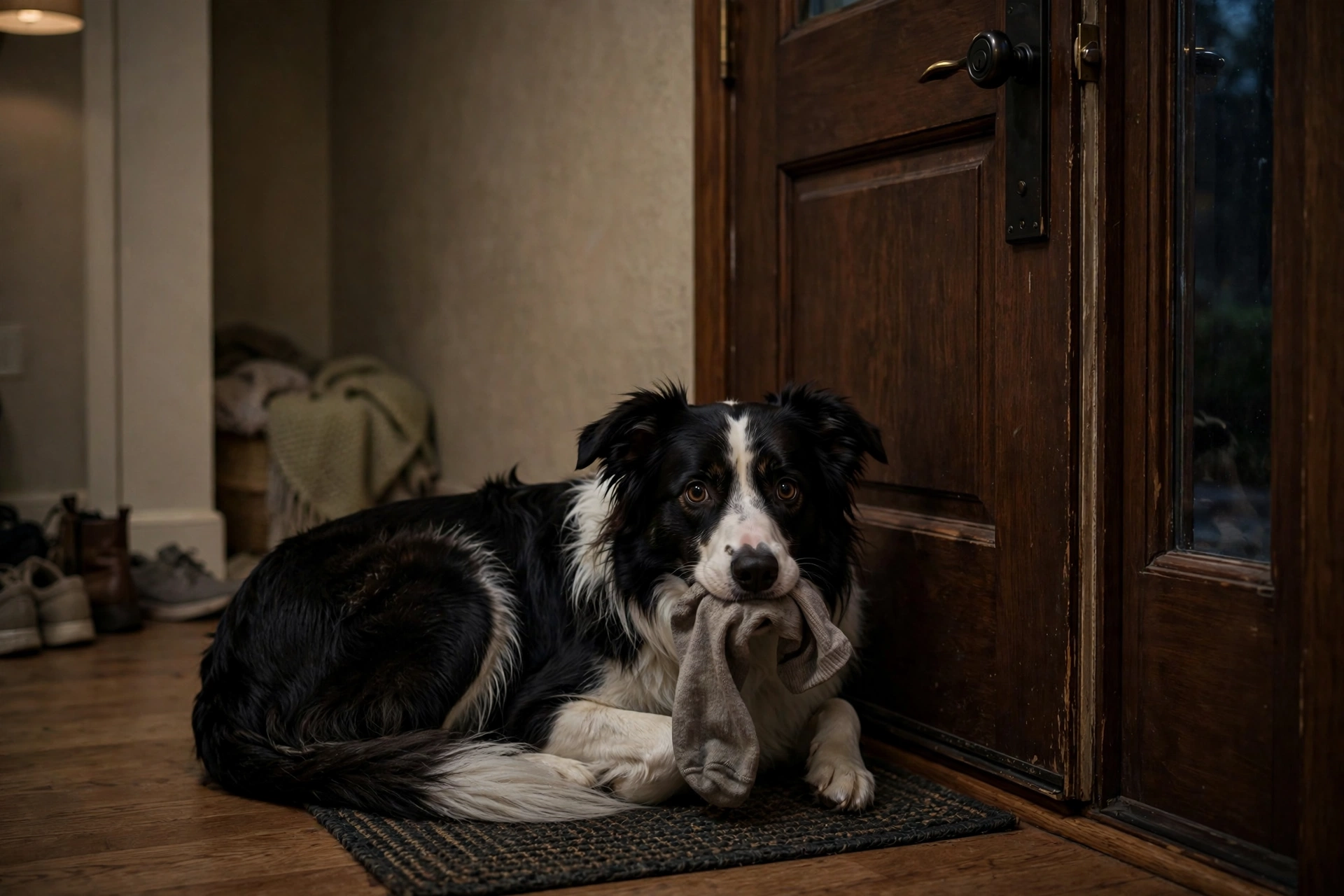 Anxious border collie curled by a front door holding a sock