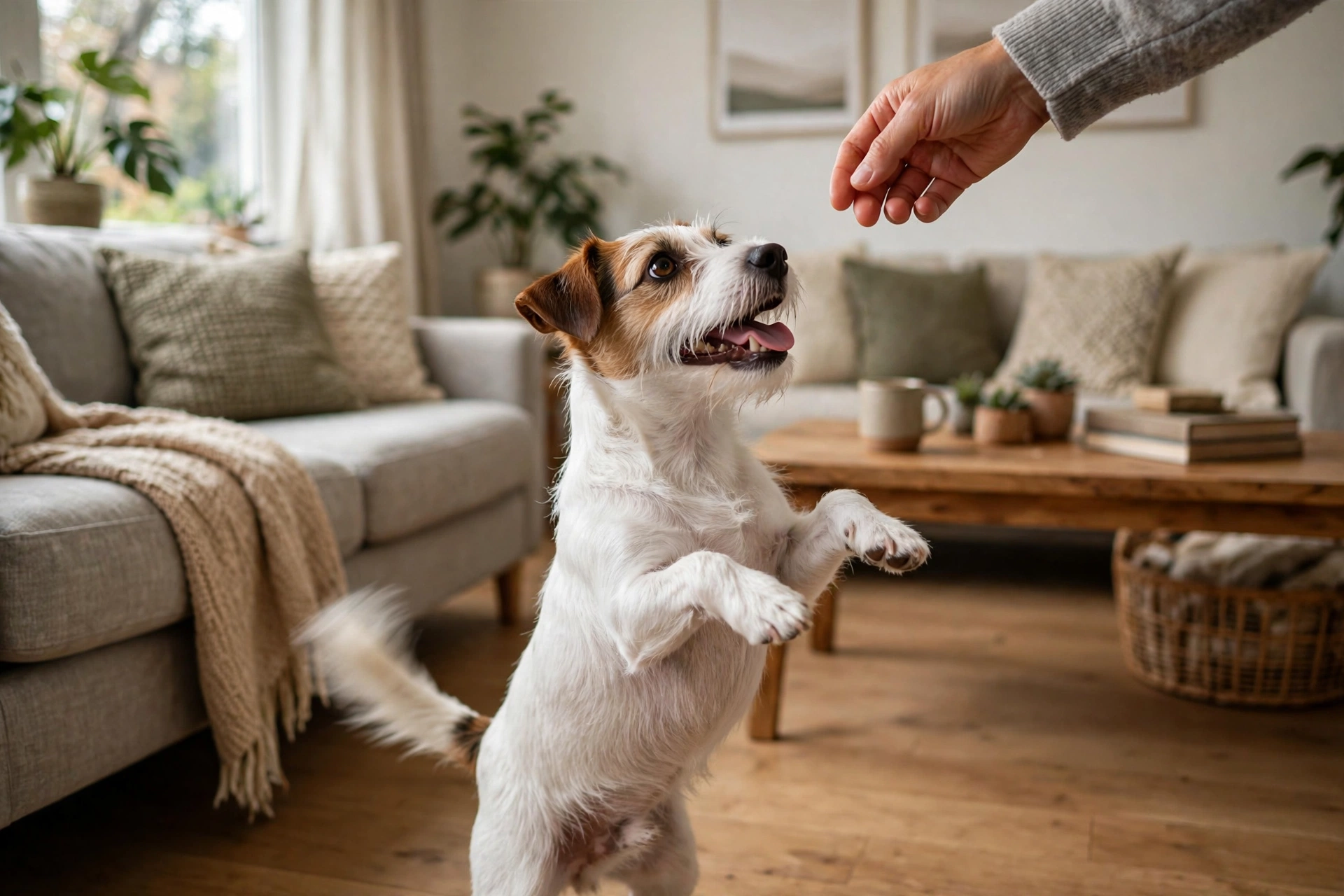 Playful small dog standing on hind legs begging for its owner's attention