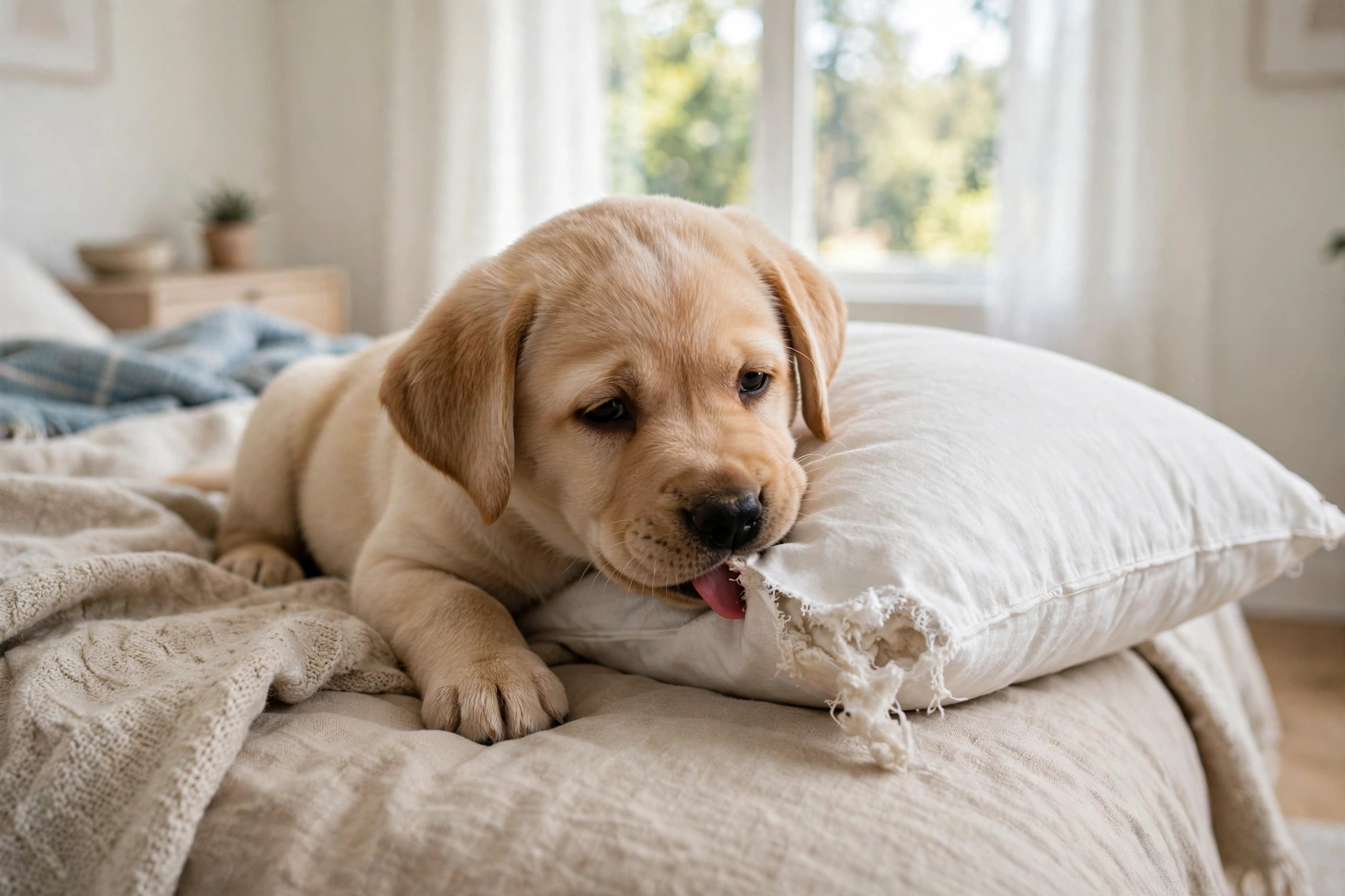 Bored labrador puppy licking a pillow on the bed