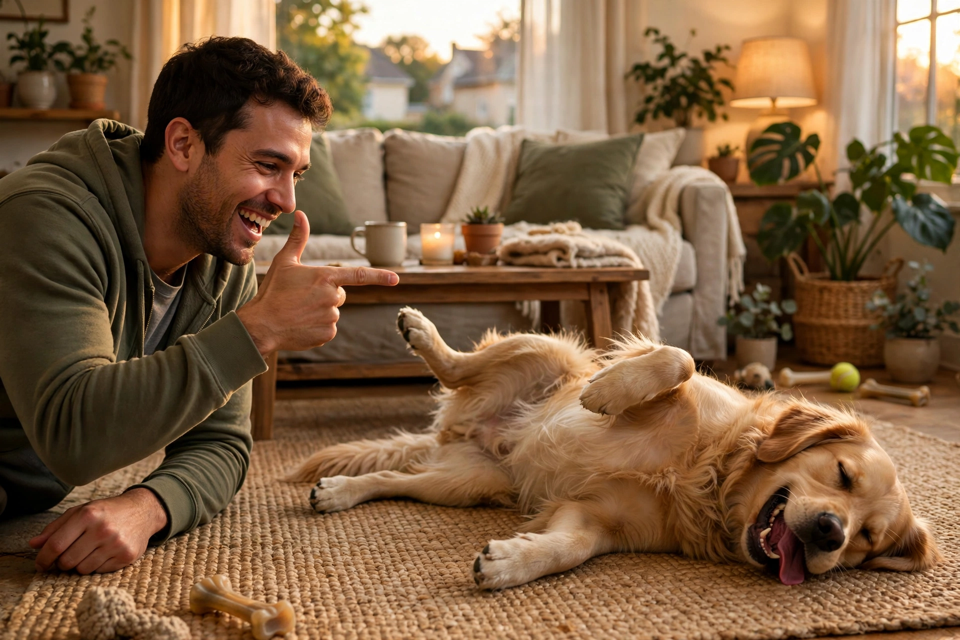 Owner doing finger gun bang cue as dog plays dead
