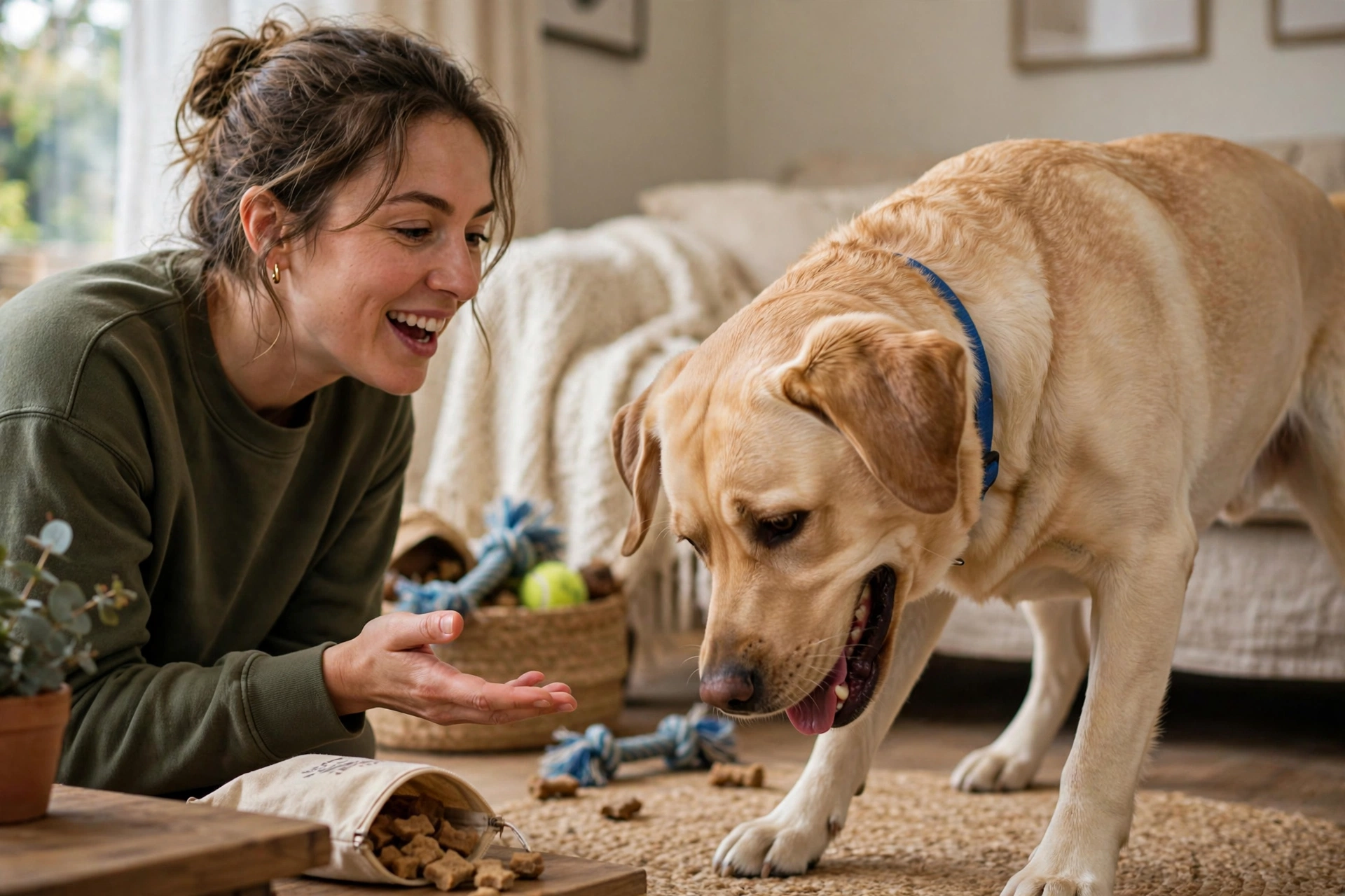 Dog nodding its head on cue while owner asks a question, practicing the yes trick