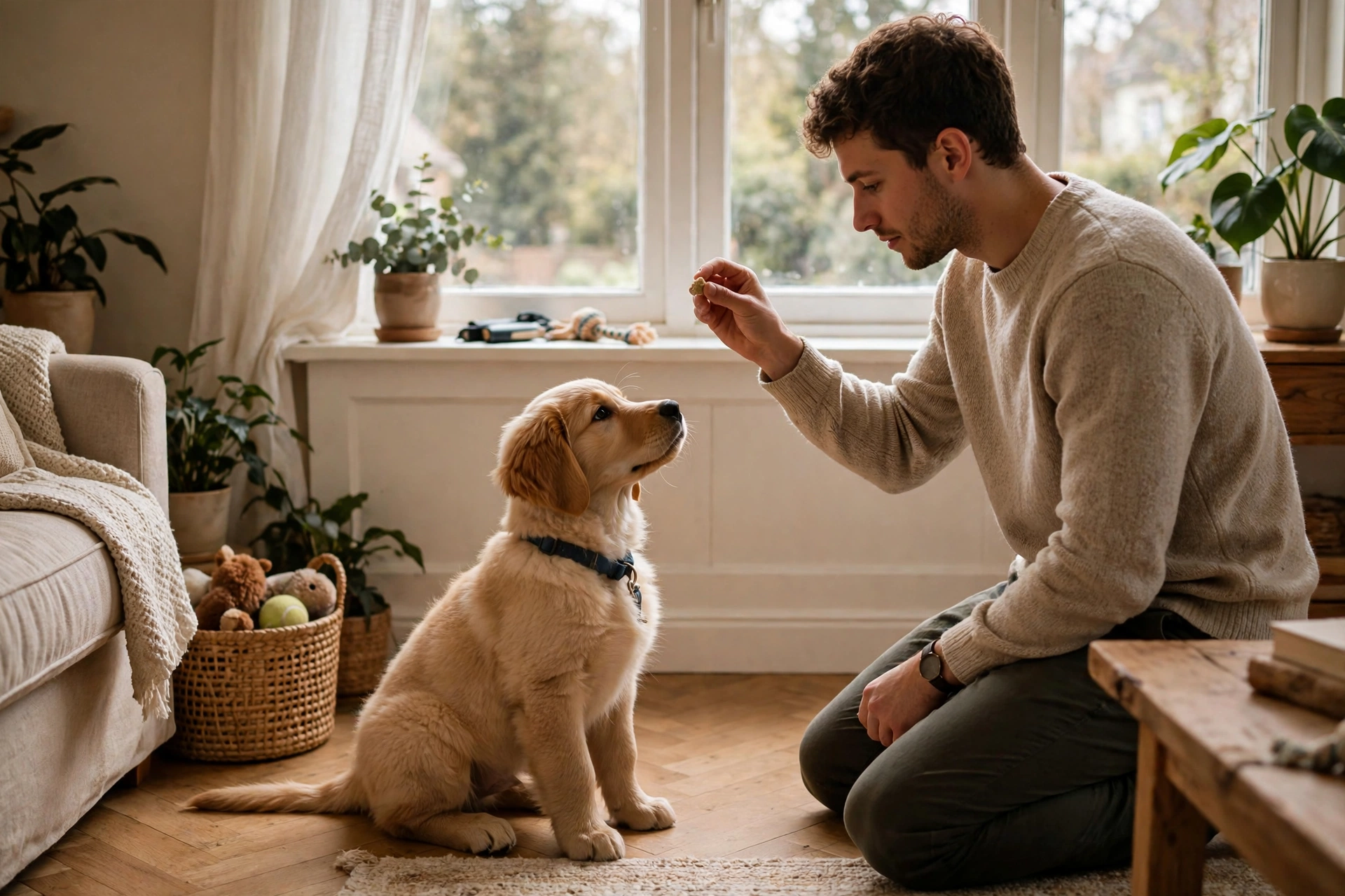 Owner training a dog with leave-it near a window