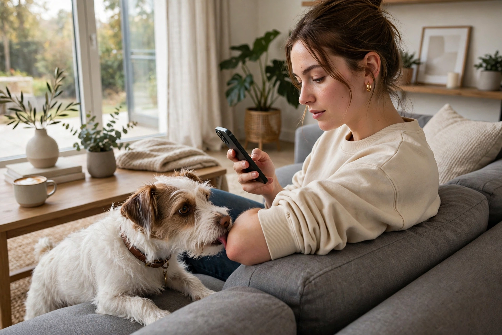Dog licking owner's elbow to get attention while owner looks at phone