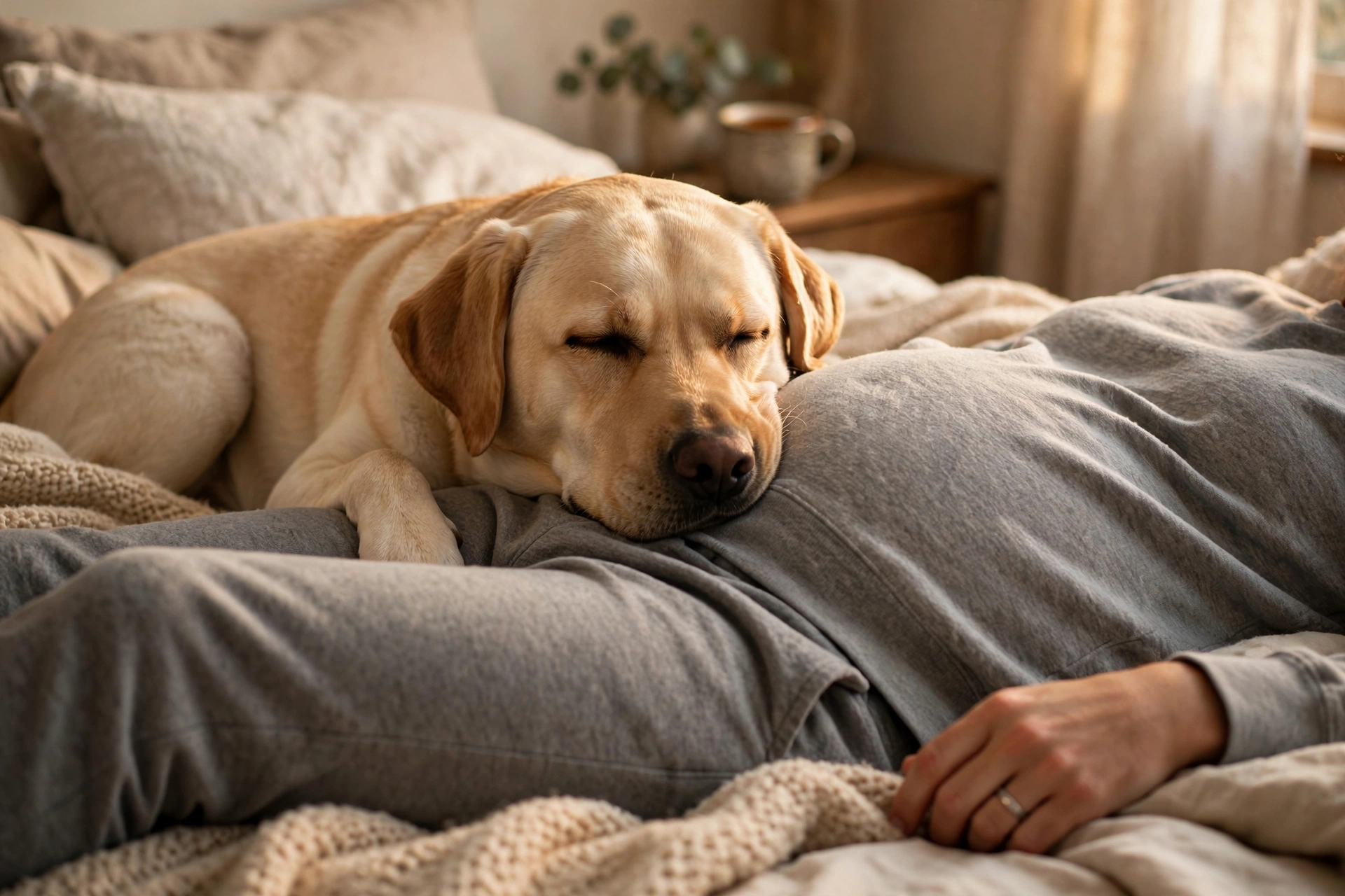 Labrador resting its head against its owner's belly during a cuddle