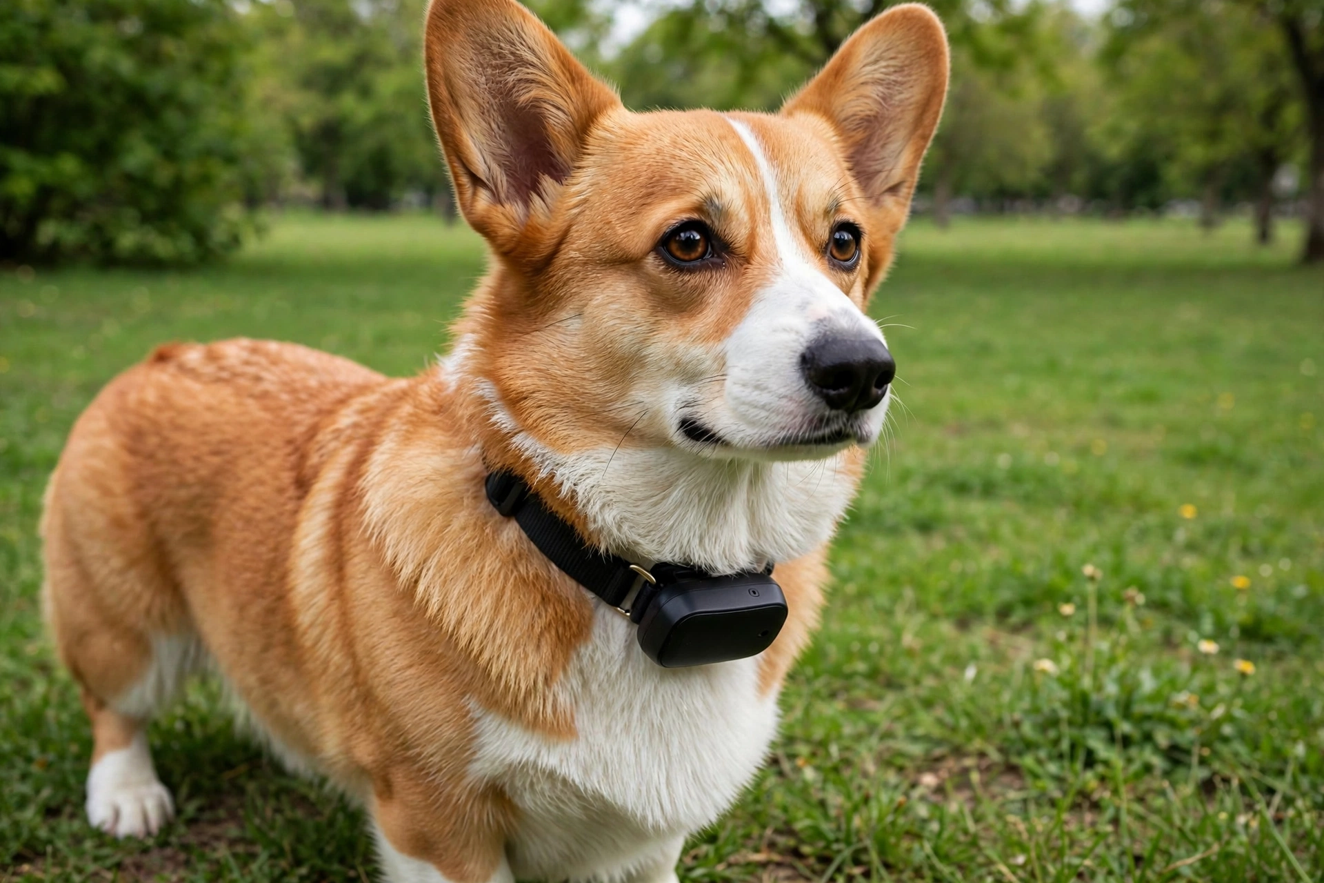 Small black GPS tracker device clipped to a corgi's collar in a green park