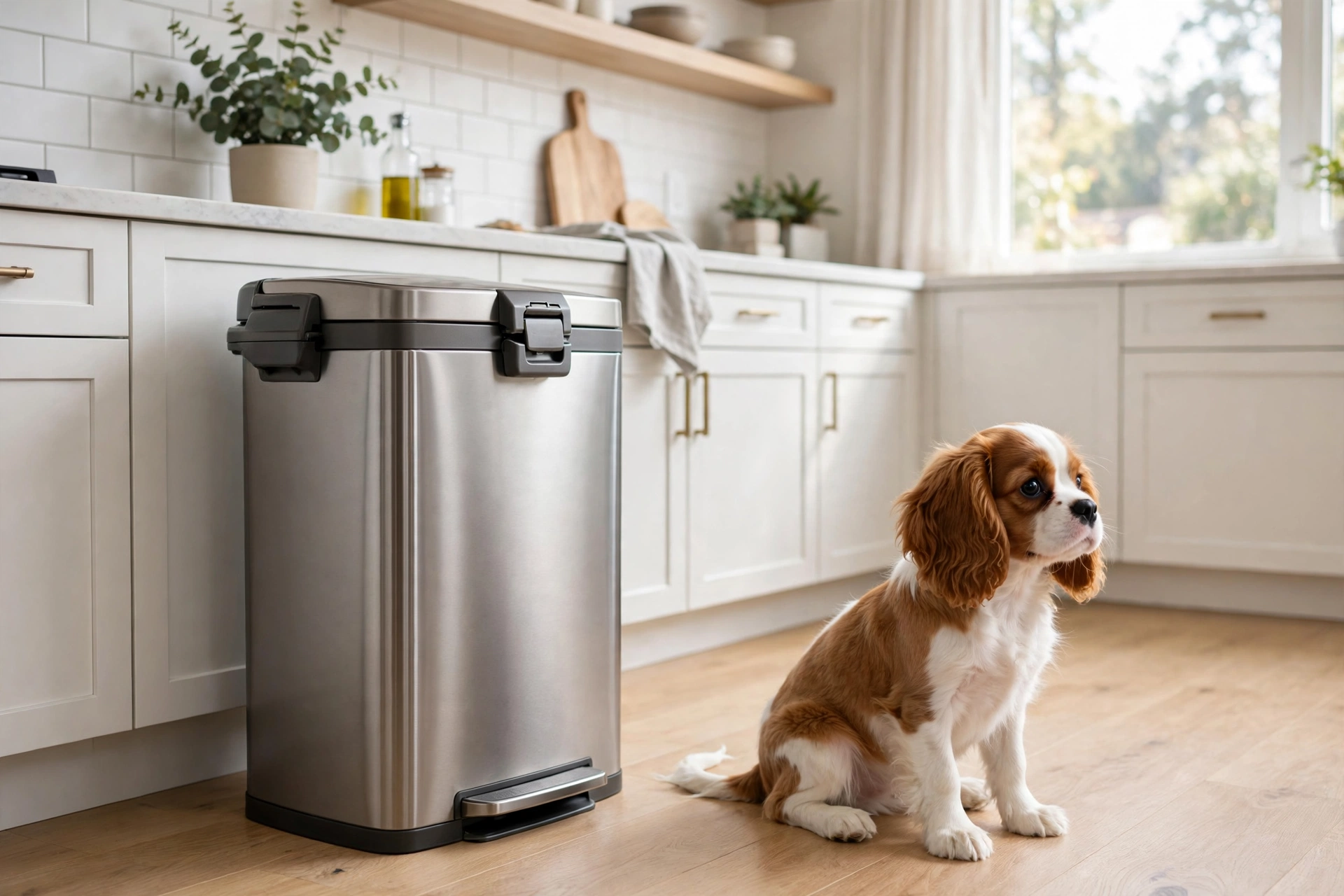 Kitchen trash can with a secure locking lid, puppy sitting beside it uninterested
