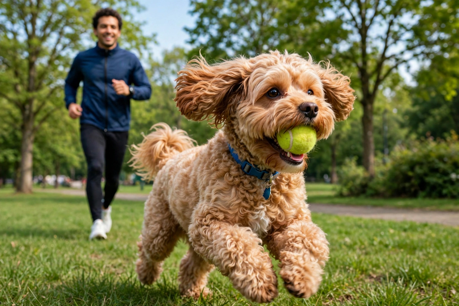Energetic Cavapoo running with a tennis ball in a park during an active play session