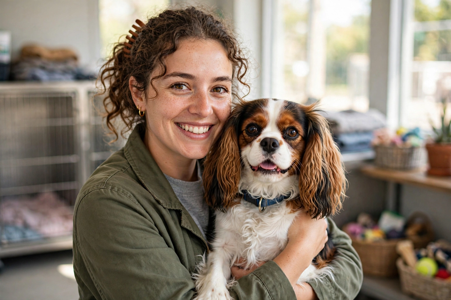 Cavalier King Charles Spaniel rescue dog with a shelter volunteer, happy adoption moment