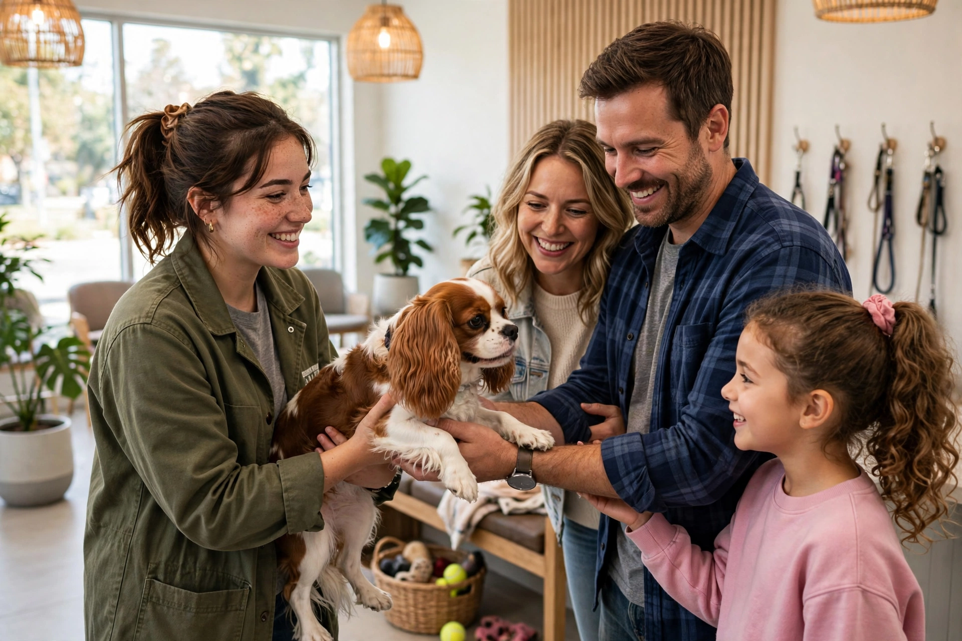 Animal shelter volunteer handing a Cavalier King Charles Spaniel to a happy adoptive family