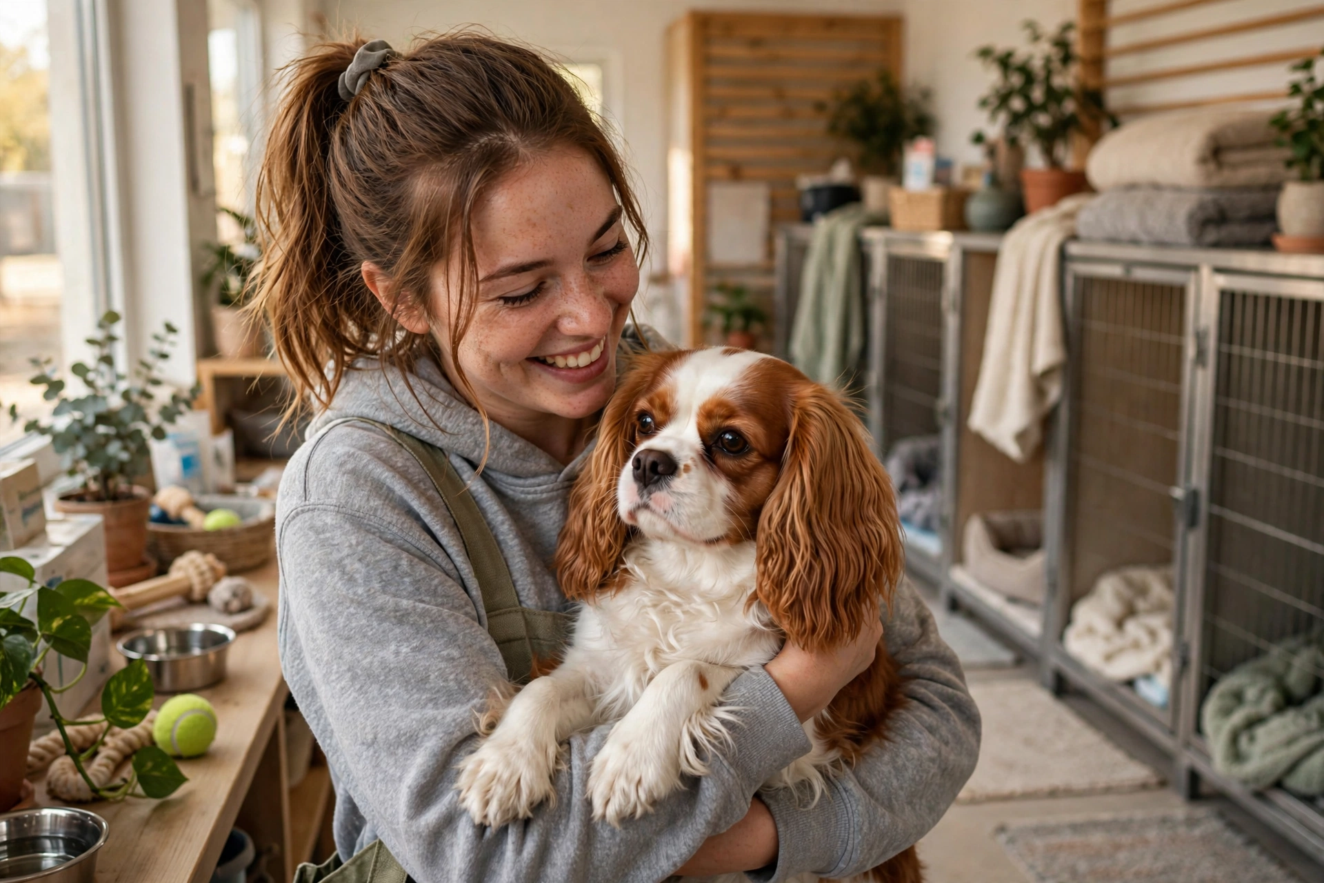 Animal shelter volunteer happily holding a rescued Cavalier King Charles Spaniel