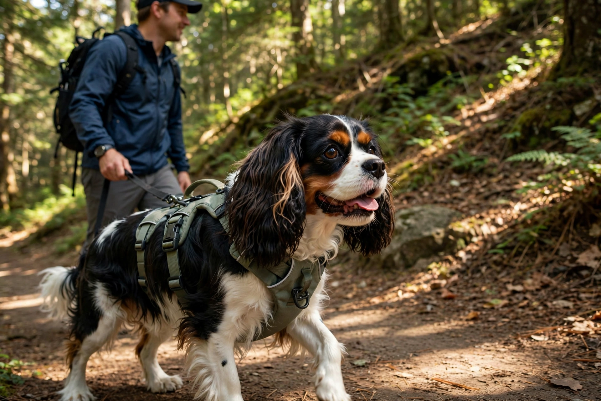 Adult Cavalier King Charles Spaniel wearing a harness on a scenic hiking trail with its owner