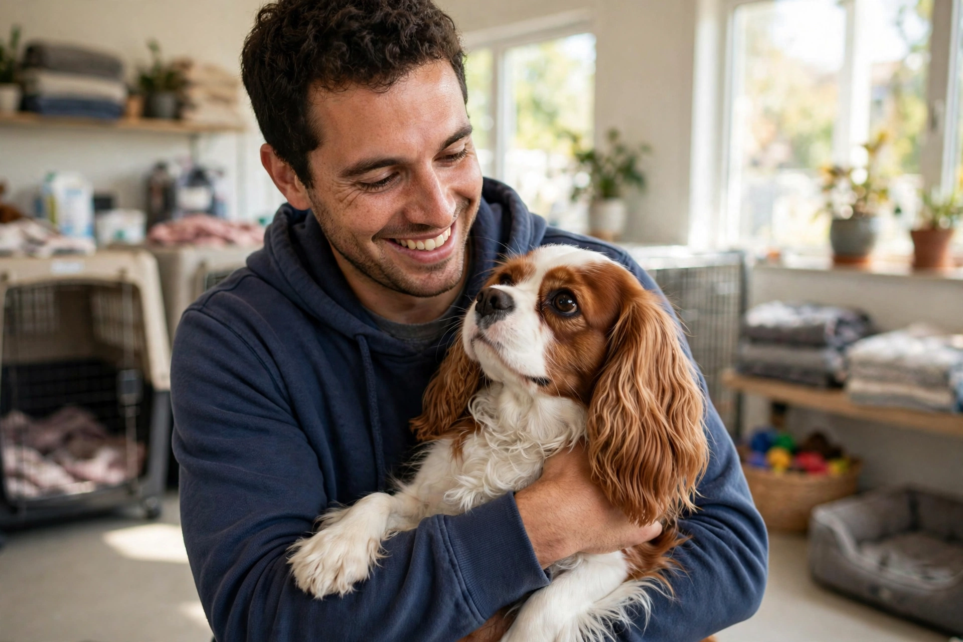 Adult Cavalier King Charles Spaniel being gently hugged by a smiling shelter volunteer inside a bright rescue facility