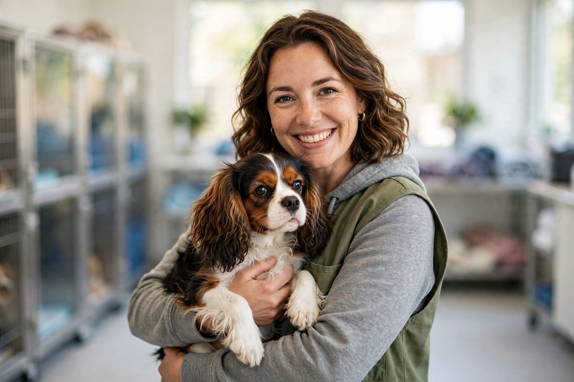 Animal shelter volunteer holding a rescued Cavalier King Charles Spaniel