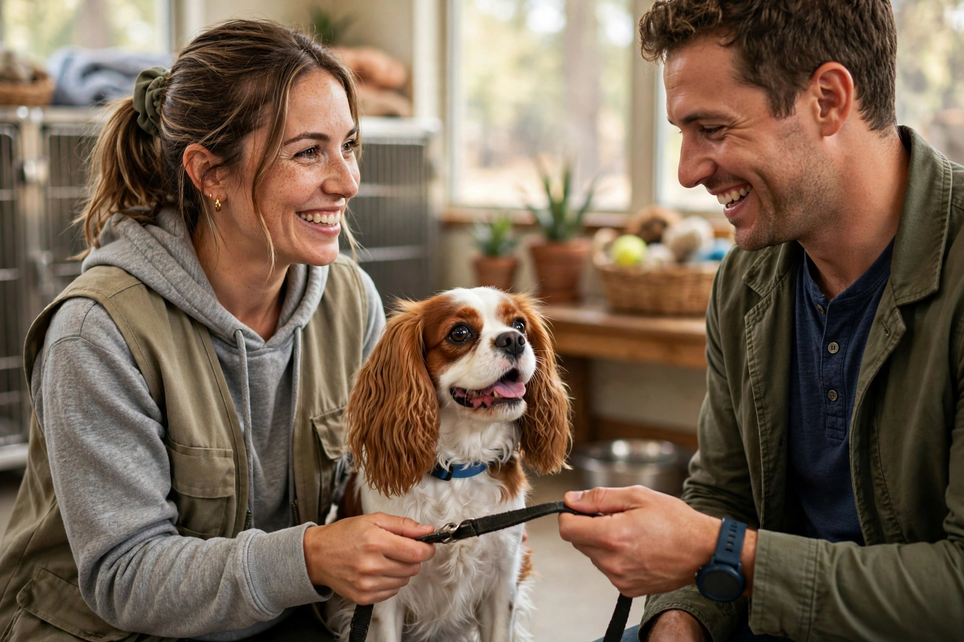 Cavalier King Charles Spaniel being adopted from a Maryland rescue shelter by a happy new owner