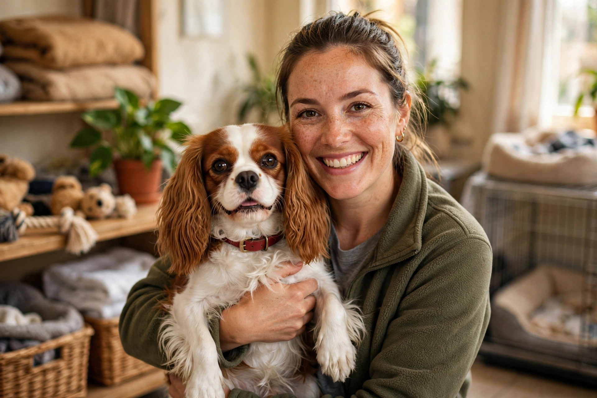 Smiling animal shelter volunteer holding a rescued Cavalier King Charles Spaniel in a warm rescue facility