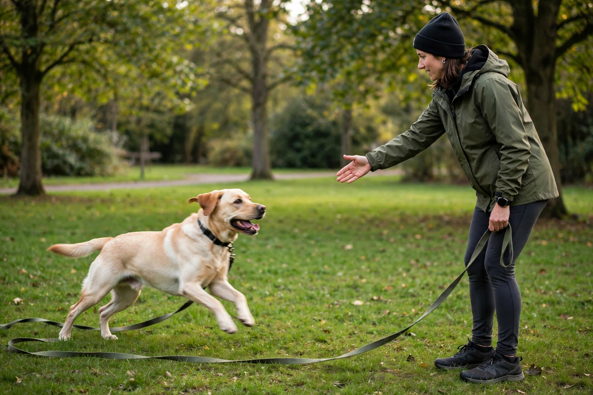 Owner giving a single recall cue to a dog on a long training leash in a park