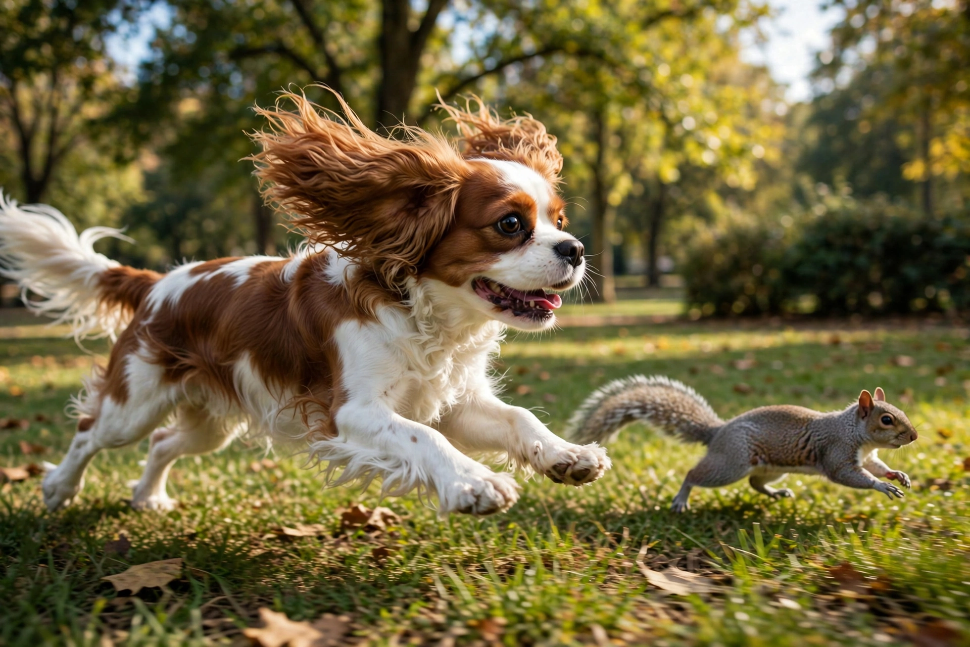 Cavalier King Charles Spaniel chasing a squirrel in a sunny park