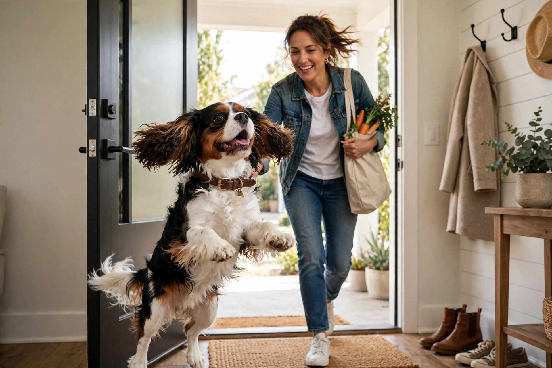 Cavalier King Charles Spaniel jumping with joy as its owner walks through the front door