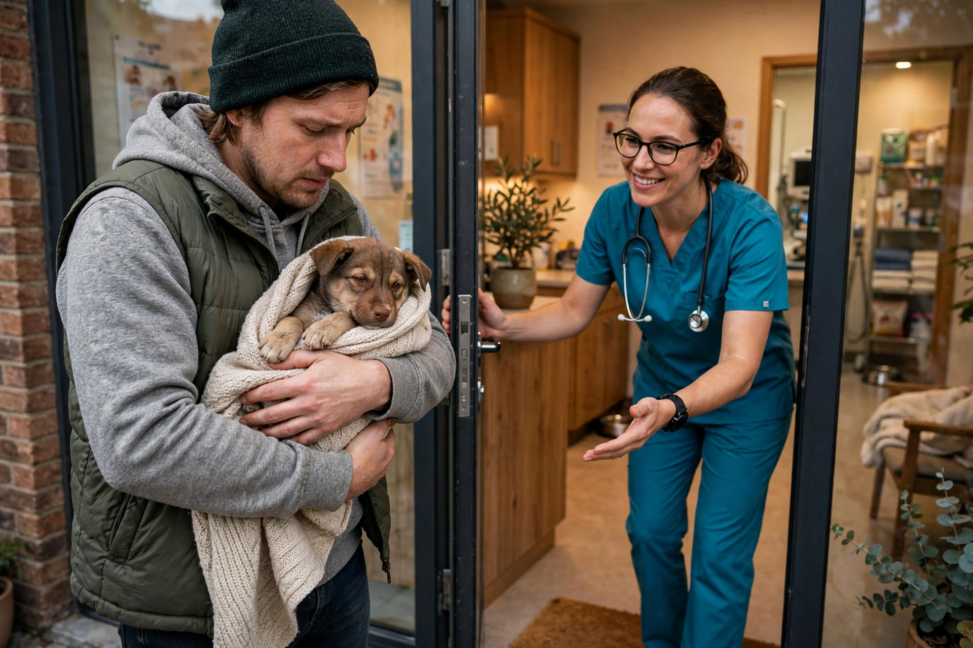 Person carrying a wrapped stray puppy into a veterinary clinic