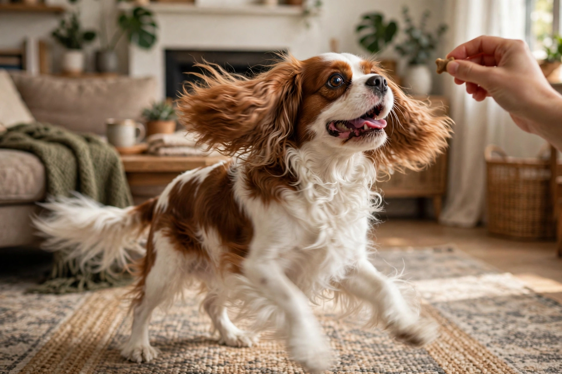 Cavalier King Charles Spaniel spinning in a circle following a treat