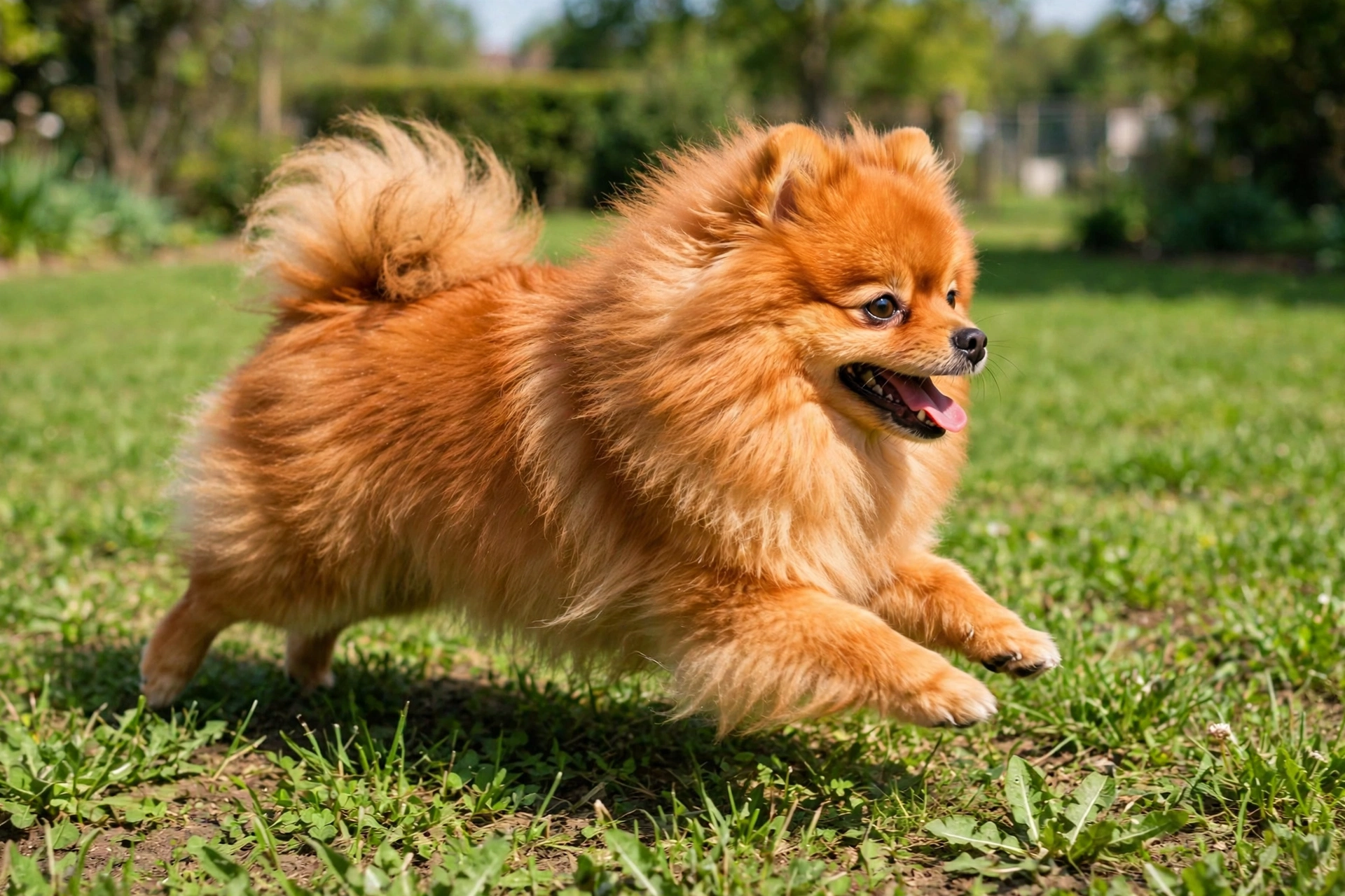 Fluffy orange Pomeranian running on green grass